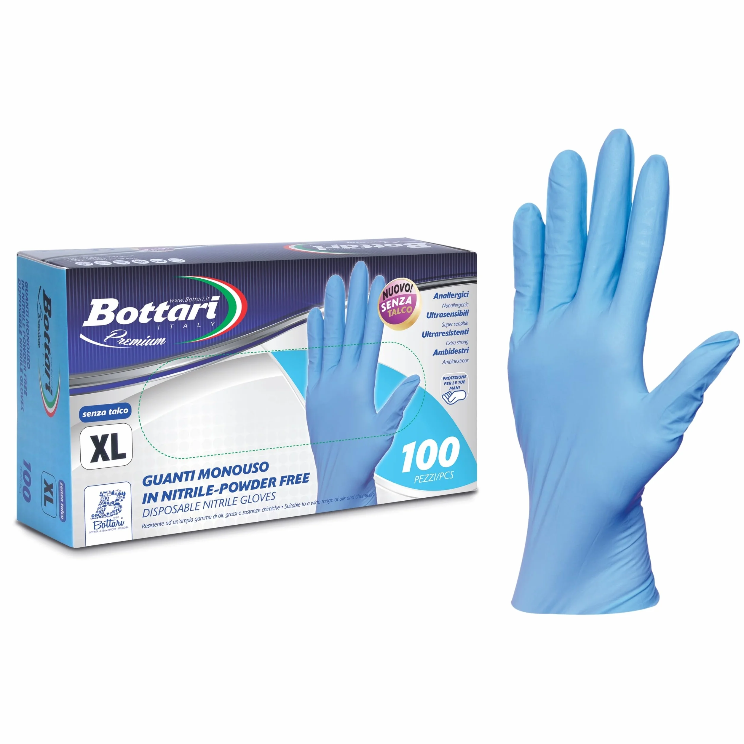 Bottari Guanti in Nitrile Monouso Blu, Senza Talco, Confezione da 100 Pezzi, Taglia XL, Anallergici, Resistenti