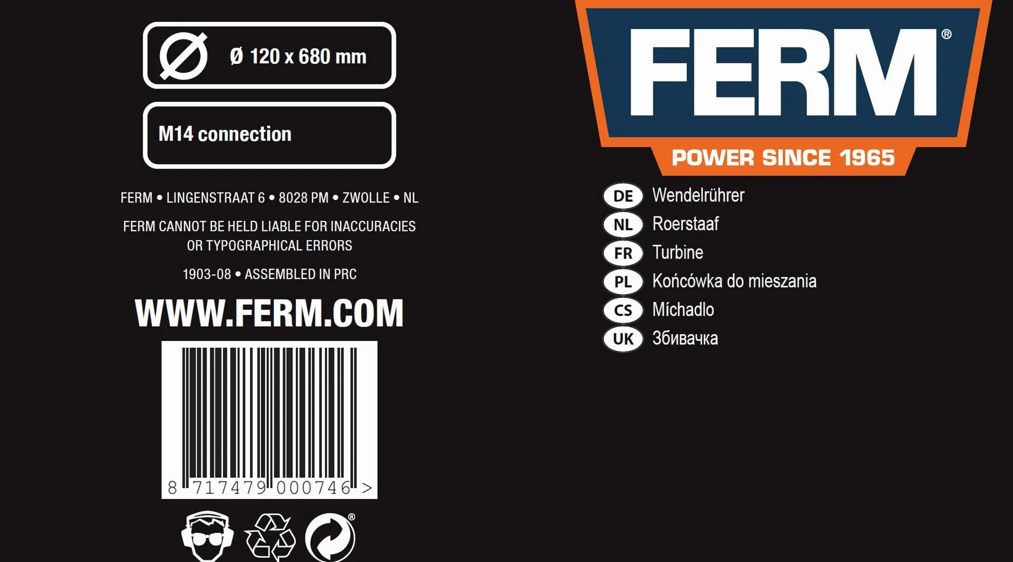 FERM Frusta - per Materiali Collosi e Viscosi 120x680mm - per miscelatore