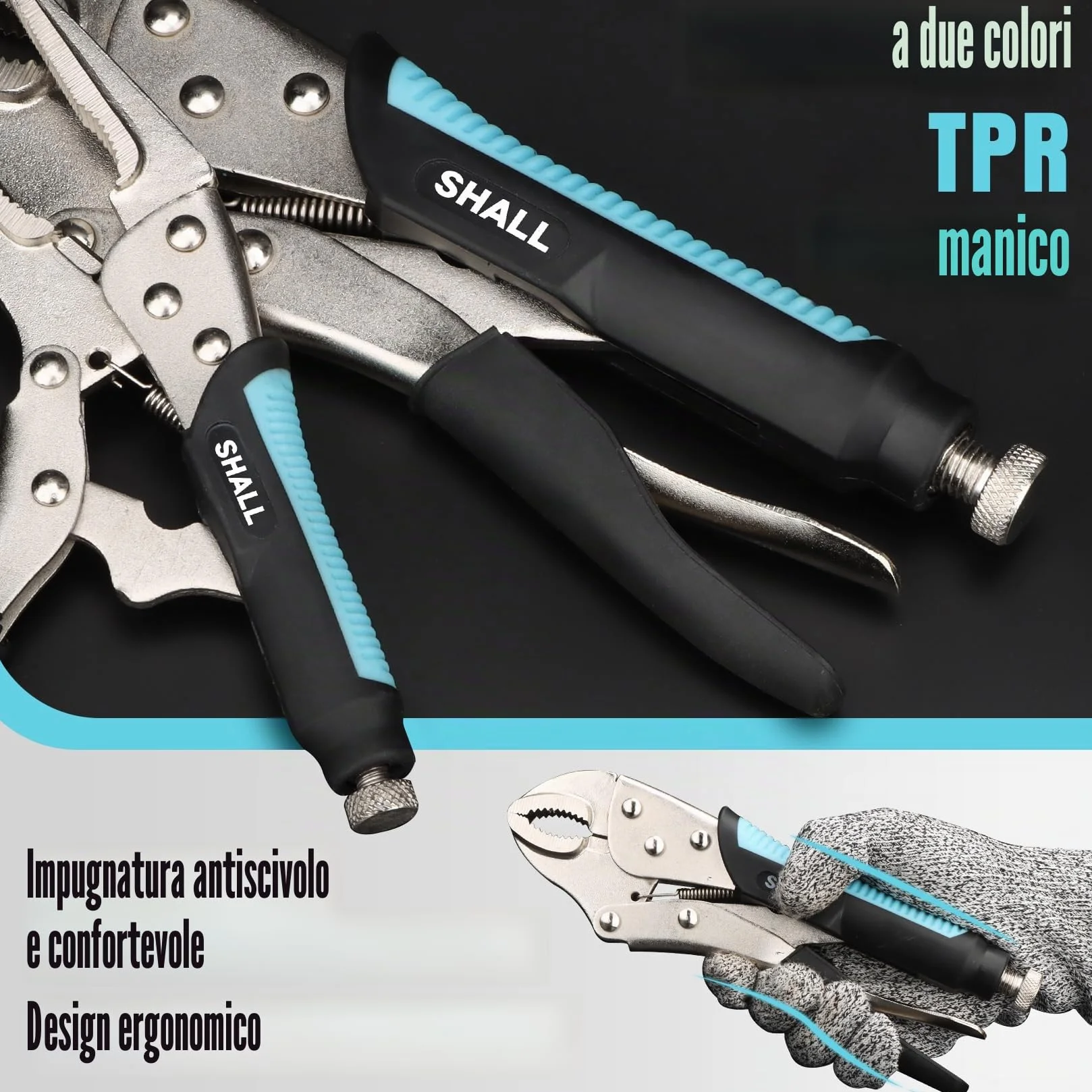 Shall Set di 6 pinze di bloccaggio – mascella curva da 12,7 cm, 17,8 cm e 25,4 cm, naso lungo 15,2 cm e morsetto a C da 15,2 cm, manico in TPR bicolore, custodia arrotolabile inclusa