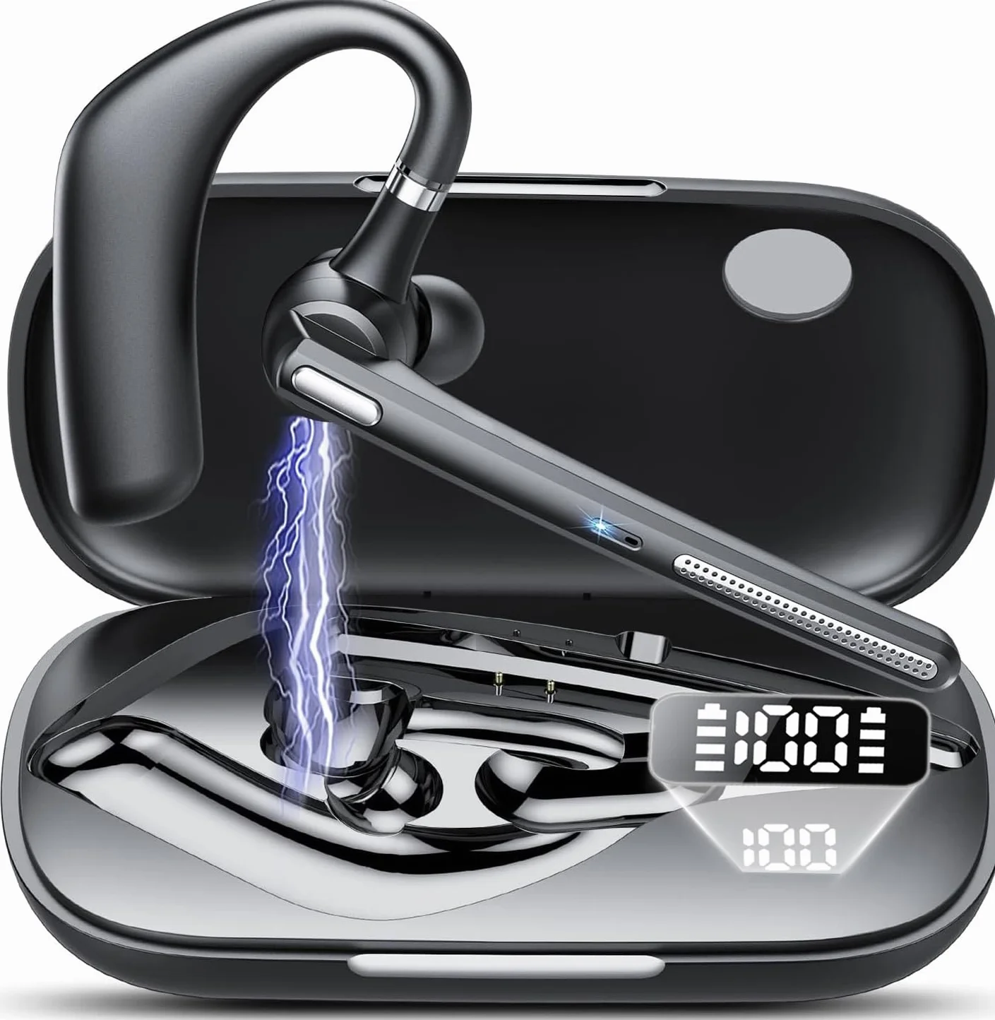 Auricolare Bluetooth V5.3, 60 Ore di Conversazione Cuffie Bluetooth Singolo con CVC8.0 ENC Doppio Microfono, Connessione a due Dispositivi, Display a LED, IPX7 impermeabile, Cuffie per la Guida/Affari