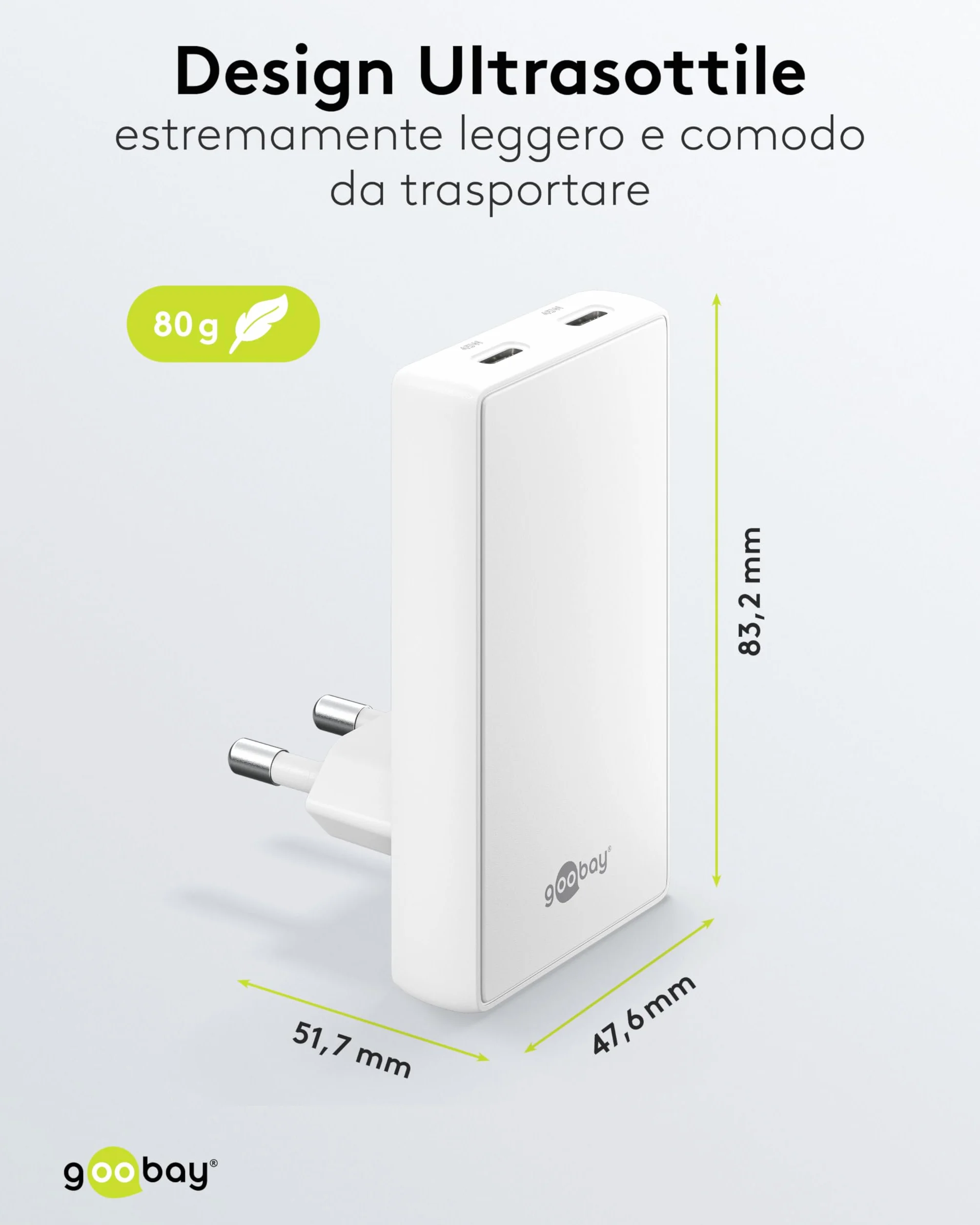 goobay GaN Caricatore USB C piatto da 45 W, doppia porta (2 x USB-C), design piatto a 90°, ultra sottile e salvaspazio, per Apple, Samsung, Huawei, tablet, ecc.,bianco,75722