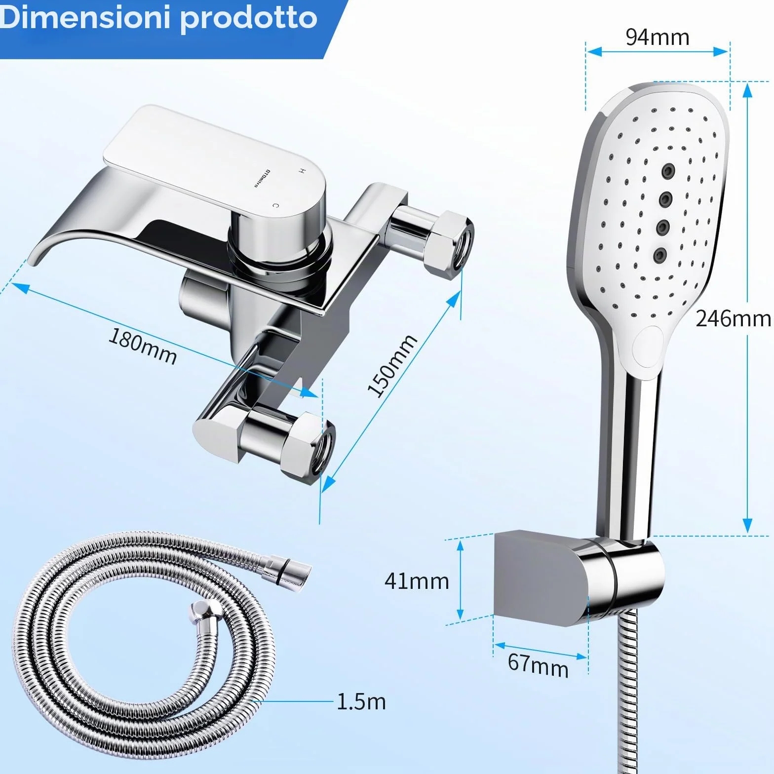 rubinetto vasca doccetta mano cascata miscelatore ottone 3 funzioni interruttore pressione