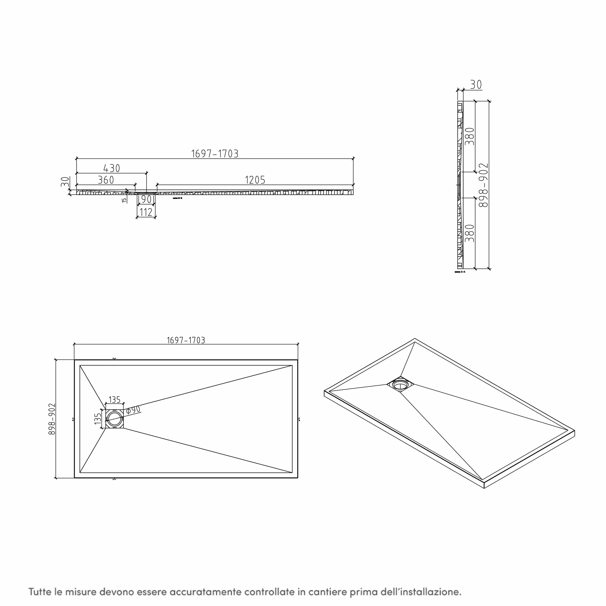 Piatto Doccia Marmoresina Bianco Antiscivolo 90x170 h3cm Effetto Pietra