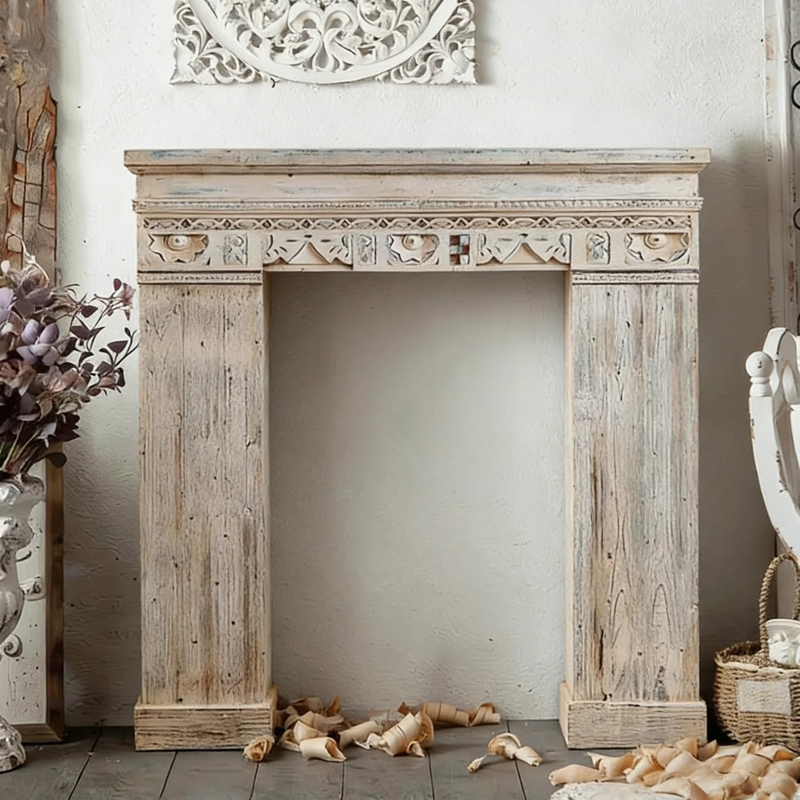 Cornice per caminetto Cornice for caminetto in legno invecchiato con cornice decorativa rustica in stile rustico