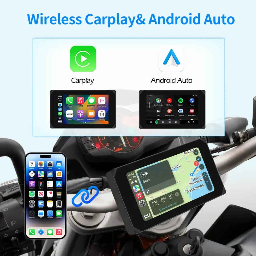 VSYSTO Schermo per moto, CarPlay e Android Auto Senza Fili, 5'' Schermo Carplay Moto con Doppia telecamera 1080P, Impermeabile IP65 Touchscreen con Navigation GPS, Bluetooth, Siri/Assistant, TPMS
