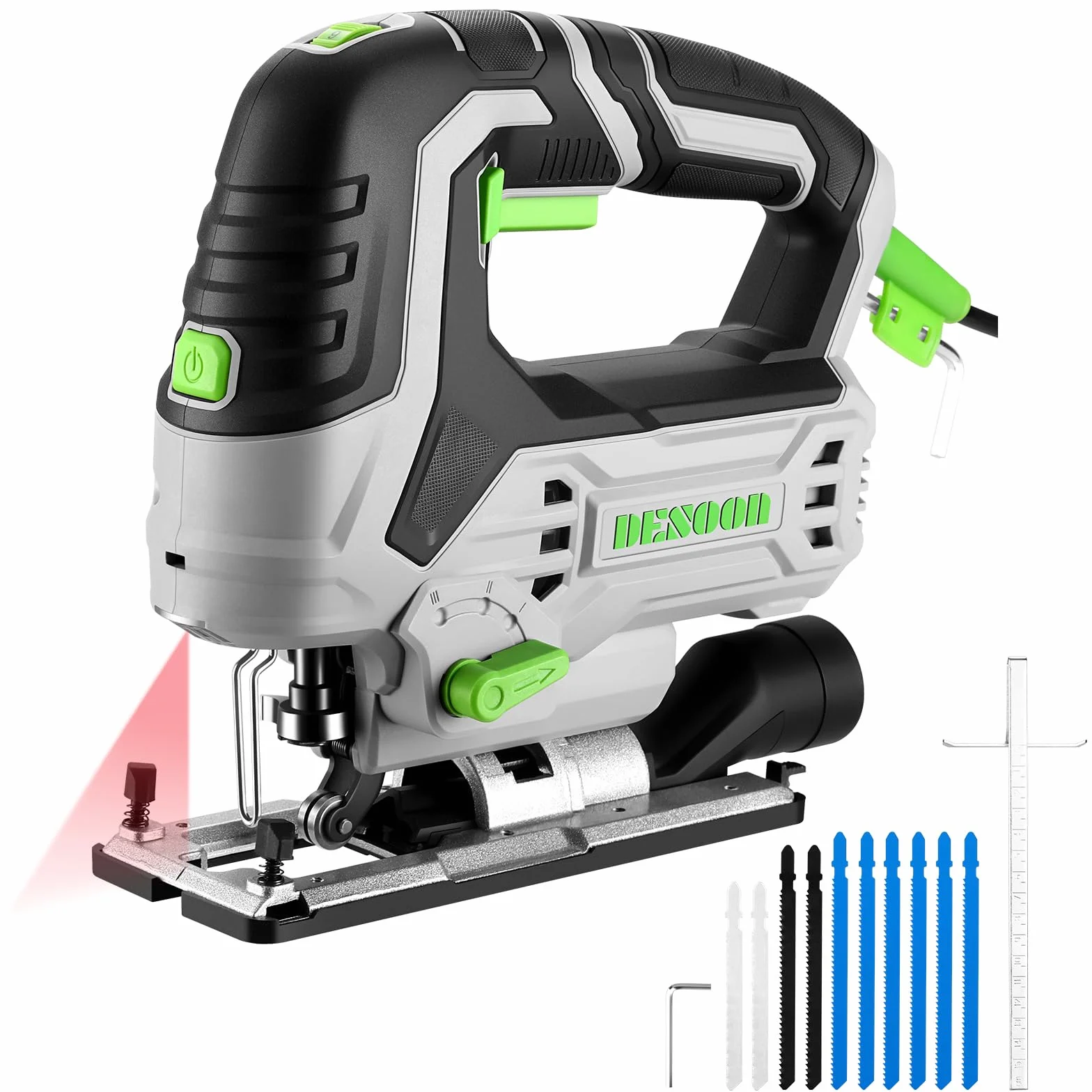 DESOON Sega alternativa da 800 W, Sega per legno con luce LED e laser, velocità variabile da 800 a 3000 SPM, taglio inclinabile ±45°, include 10 lame per sega per tagliare metallo, legno e plastica