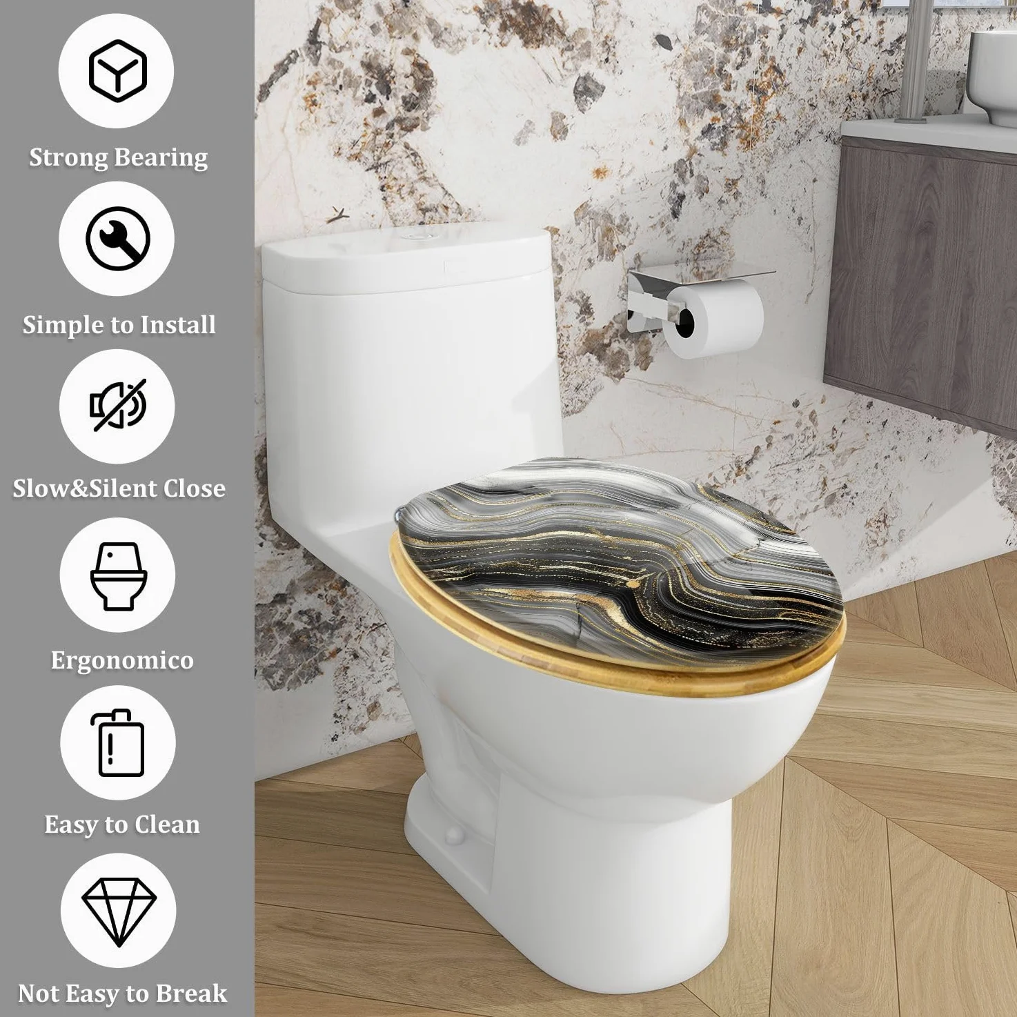 Copriwater decorativo allungato in legno con chiusura ammortizzata e sgancio rapido, motivo astratto in pietra, agata, venature dorate e marmorizzazione, facile da installare.