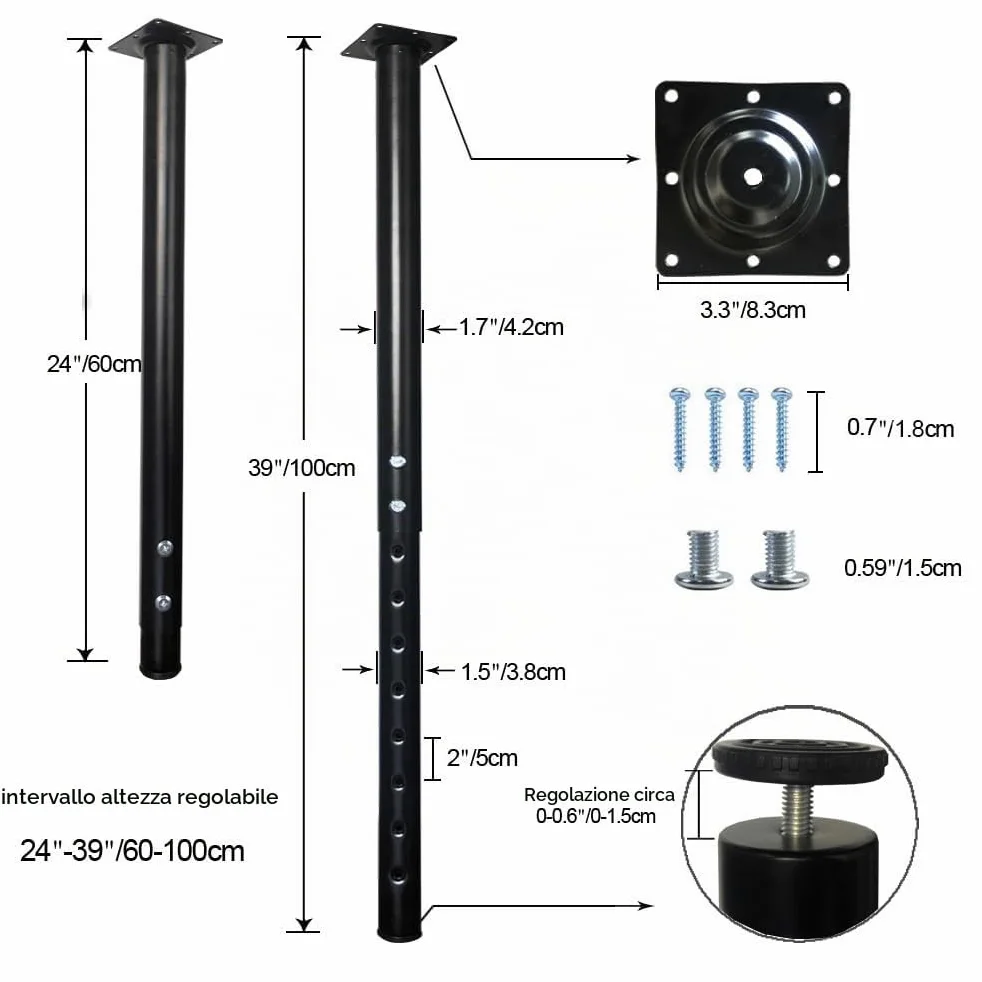 QLLY Gamba da tavolo regolabile in metallo, 60-100 cm, gamba per l'home office, set di gambe per mobili (1, nero)