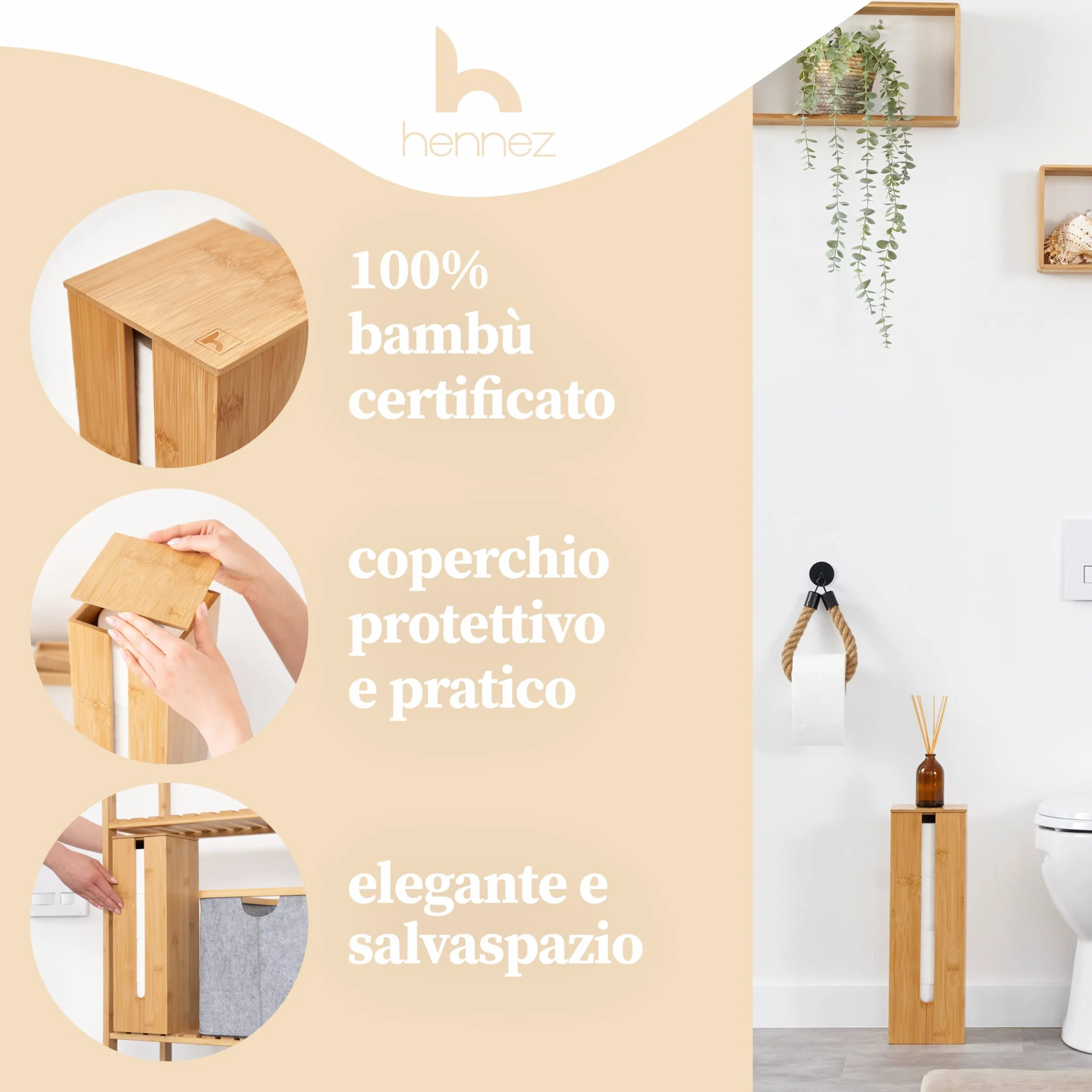 HENNEZ Porta Carta Igienica da Terra Legno di Bambu Chiuso - Portarotolo da Terra Contenitore - Scorta Mobile Bagno Legno