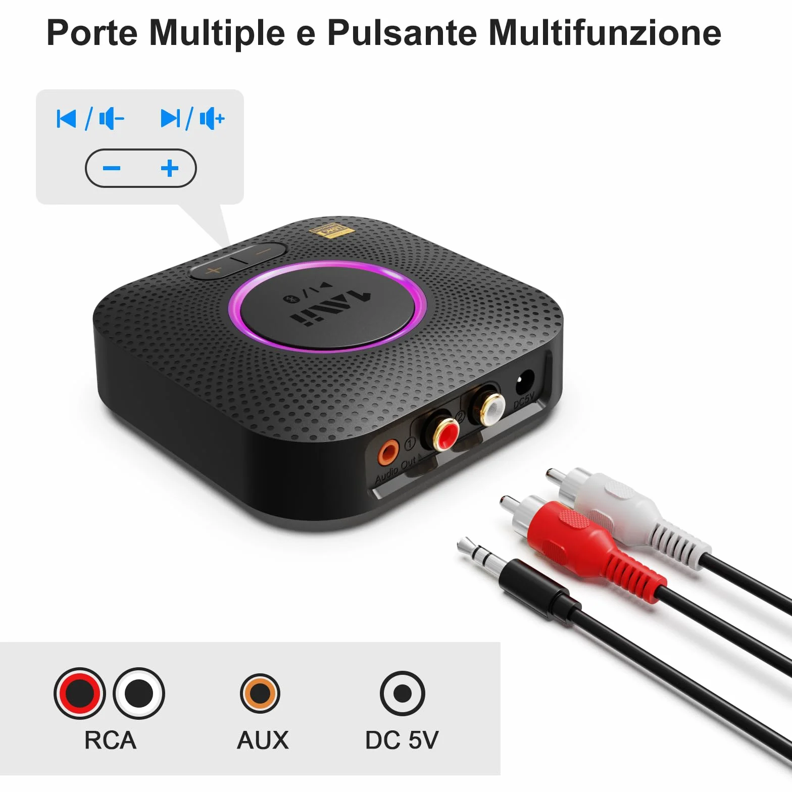 1Mii B06S+ Ricevitore Bluetooth 5.2 HiFi, Hi-Res LDAC Adattatore Audio Bluetooth con Jack AUX 3.5mm e RCA, aptX Bassa Latenza, 100ft Lungo Raggio Ricevitore con Controllo Volume per Home Audio/PC