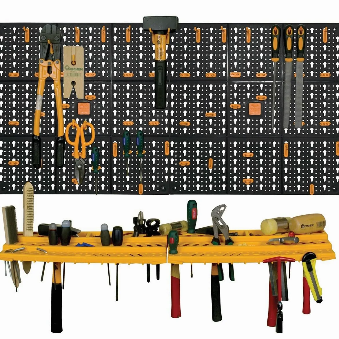 INTEC - Pannello porta attrezzi 50 x 100 x 1,7 cm Kit modulabile 2 pannelli perforati 1 mensola porta attrezzi + 50 ganci assortiti