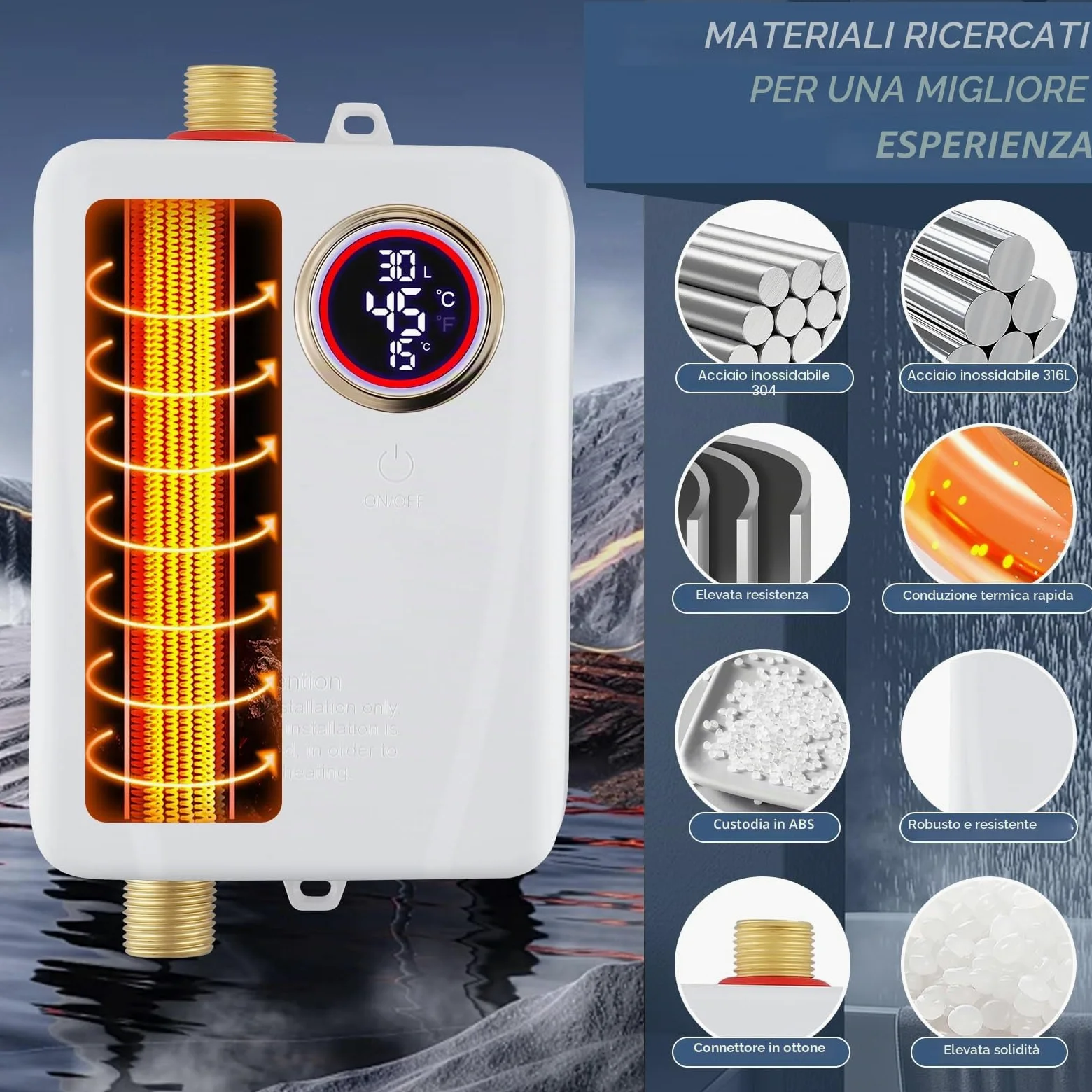Mini scaldabagno istantaneo, 3500 W, 220 V, mini scaldabagno elettrico con indicatore di temperatura a LED, scaldabagno elettronico per doccia, bagno, cucina