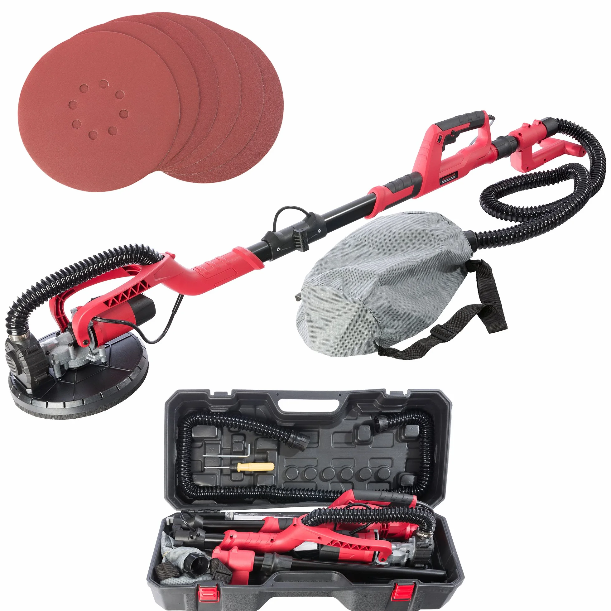 Arebos Levigatrice per cartongesso 750W | Levigatrice a collo lungo Ø225mm con sistema di aspirazione e sacchetto raccoglipolvere | Asta telescopica, testa orientabile, incl. 6 dischi abrasivi