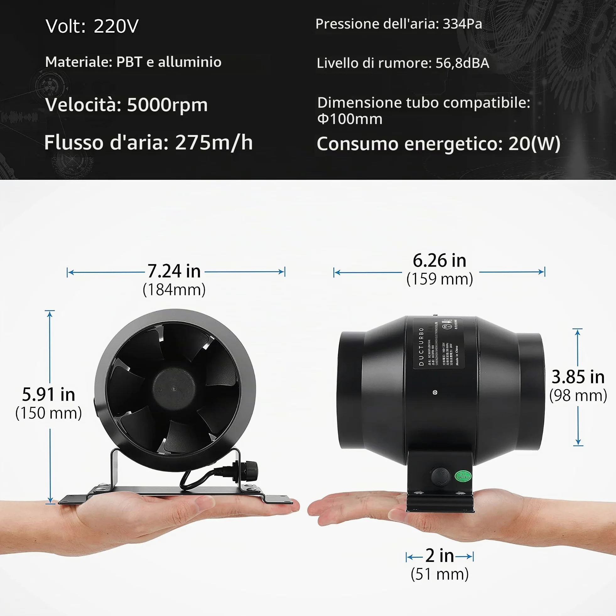 Ventola Aspirazione 100mm regolabile, Ventilatore del Condotto, Massimo Estrazione 275m³/h Ventola di Aspirazione, Estrattore aria in linea con controllore di velocità variabile