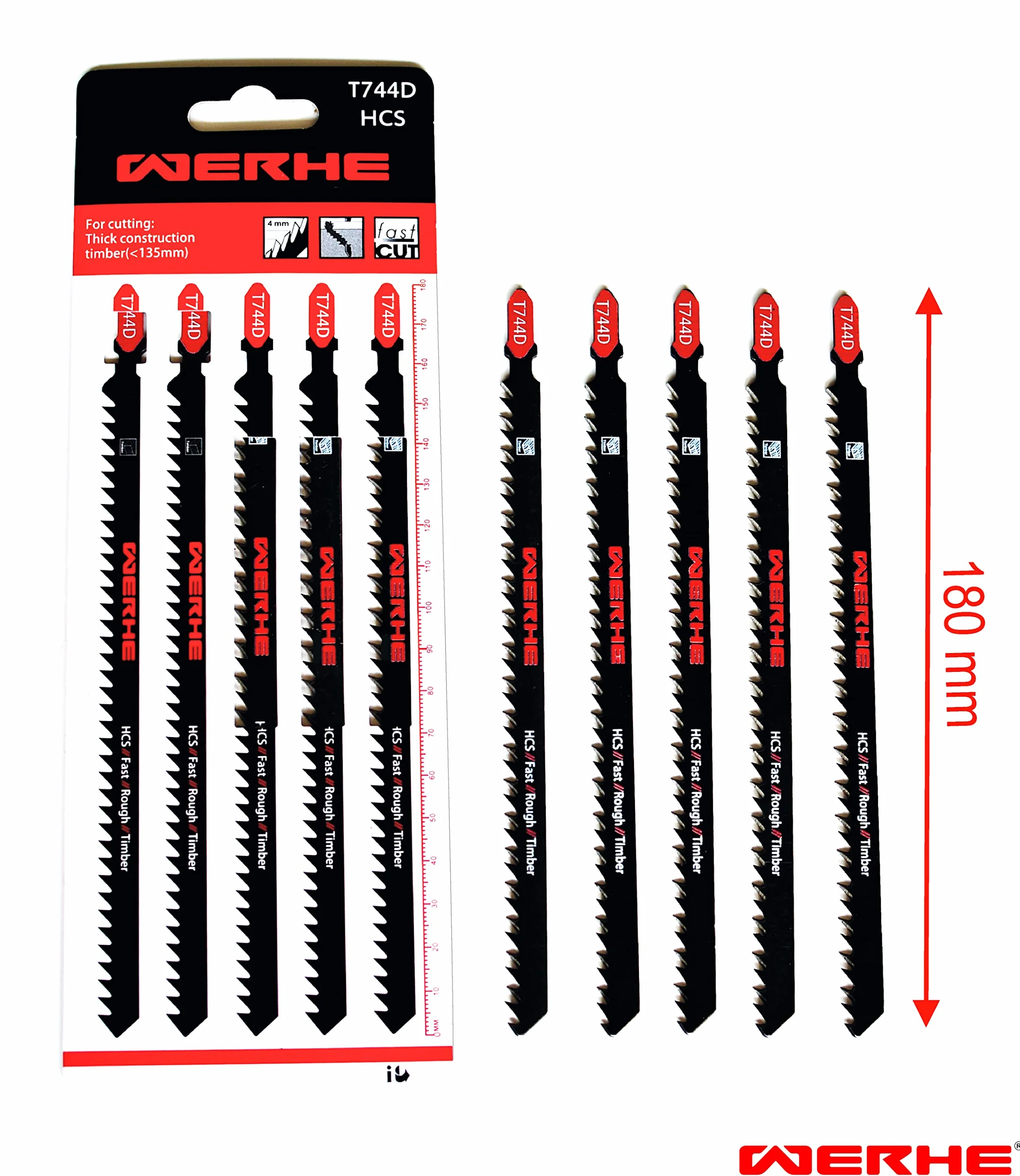 WERHE Set professionale lame per seghetto alternativo da 5 T744D 180mm – Lame extra lunghe per tagli precisi nel legno, compatibili con BOSCH, METABO, MAKITA & seghetti alternativi con attacco a T