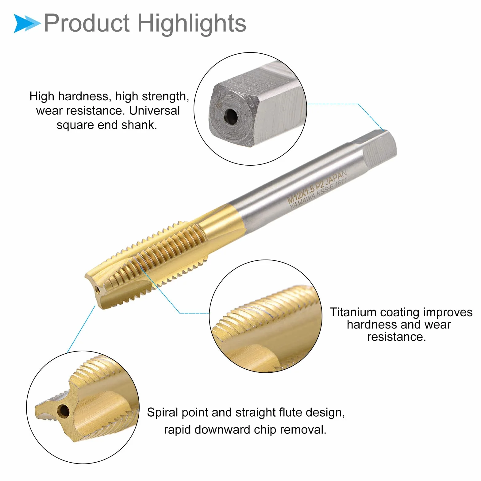 Spiral Point Tap M12 x 1.5 Titanium Coated HSS 6542 Thread Tap 1Pc