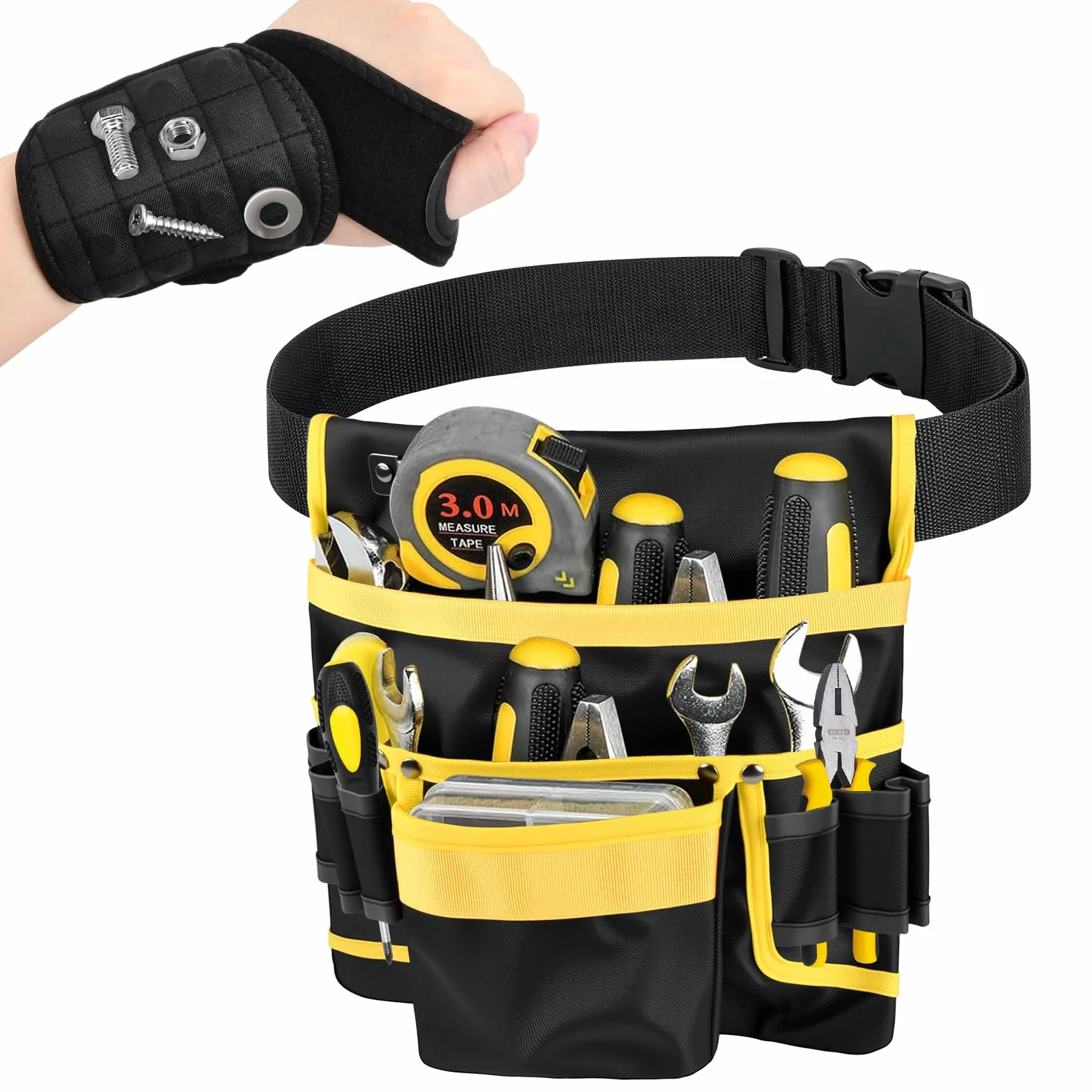 Cintura Porta Attrezzi Magnetiche Cintura Attrezzi con 13 Tasche Regolabili Staccabili Cintura Elettricista con Bracciale Magnetico Cintura Attrezzi Lavoro per Elettricista Falegname Edilizia