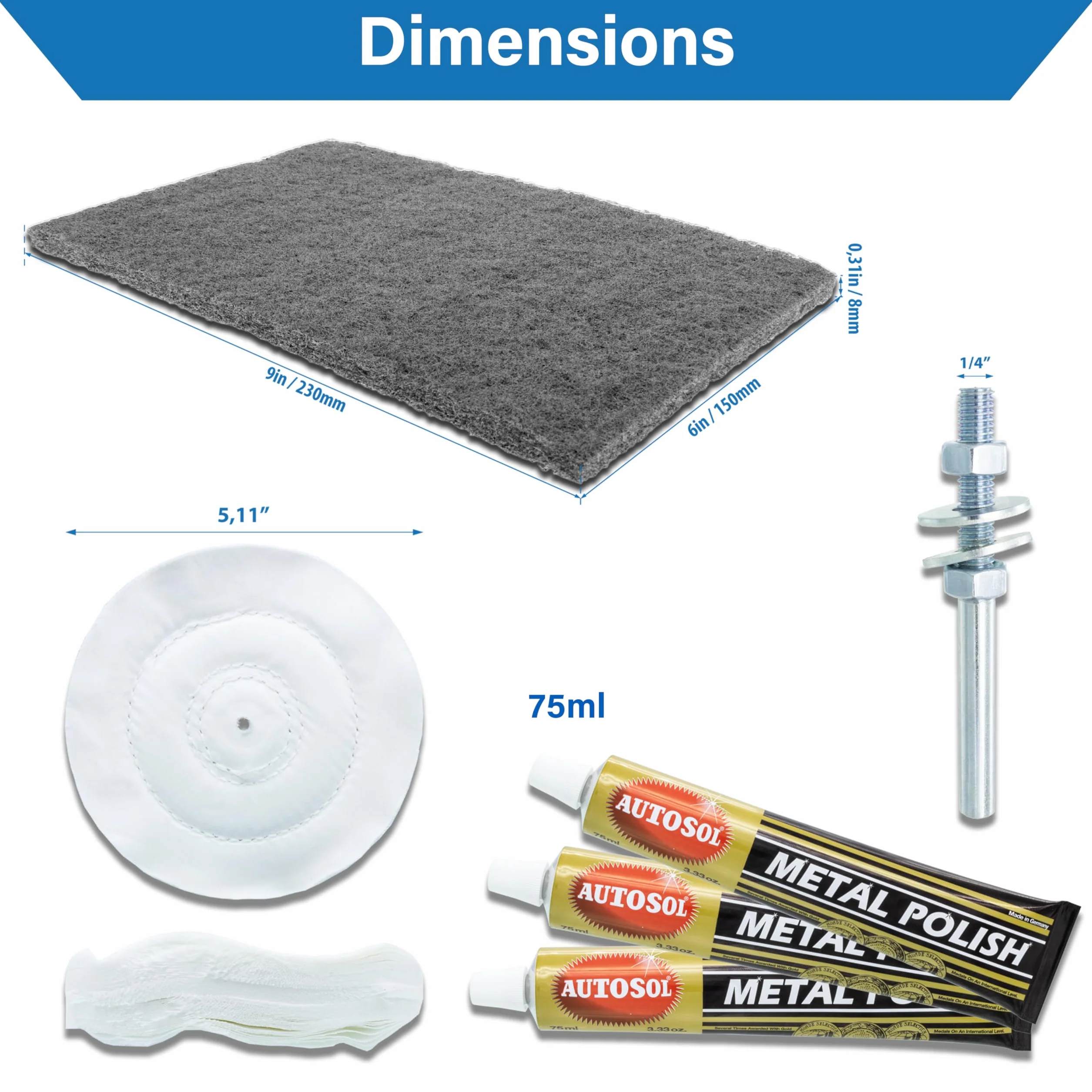 Set di lucidatura (6 pezzi): 3 tubi per polacco in metallo da 75 ml, 150 x 230 mm tampone abrasivo in pile - Molto fine, spazzola per panno da 130 mm, pergolato da 6 mm per spazzole in stoffa