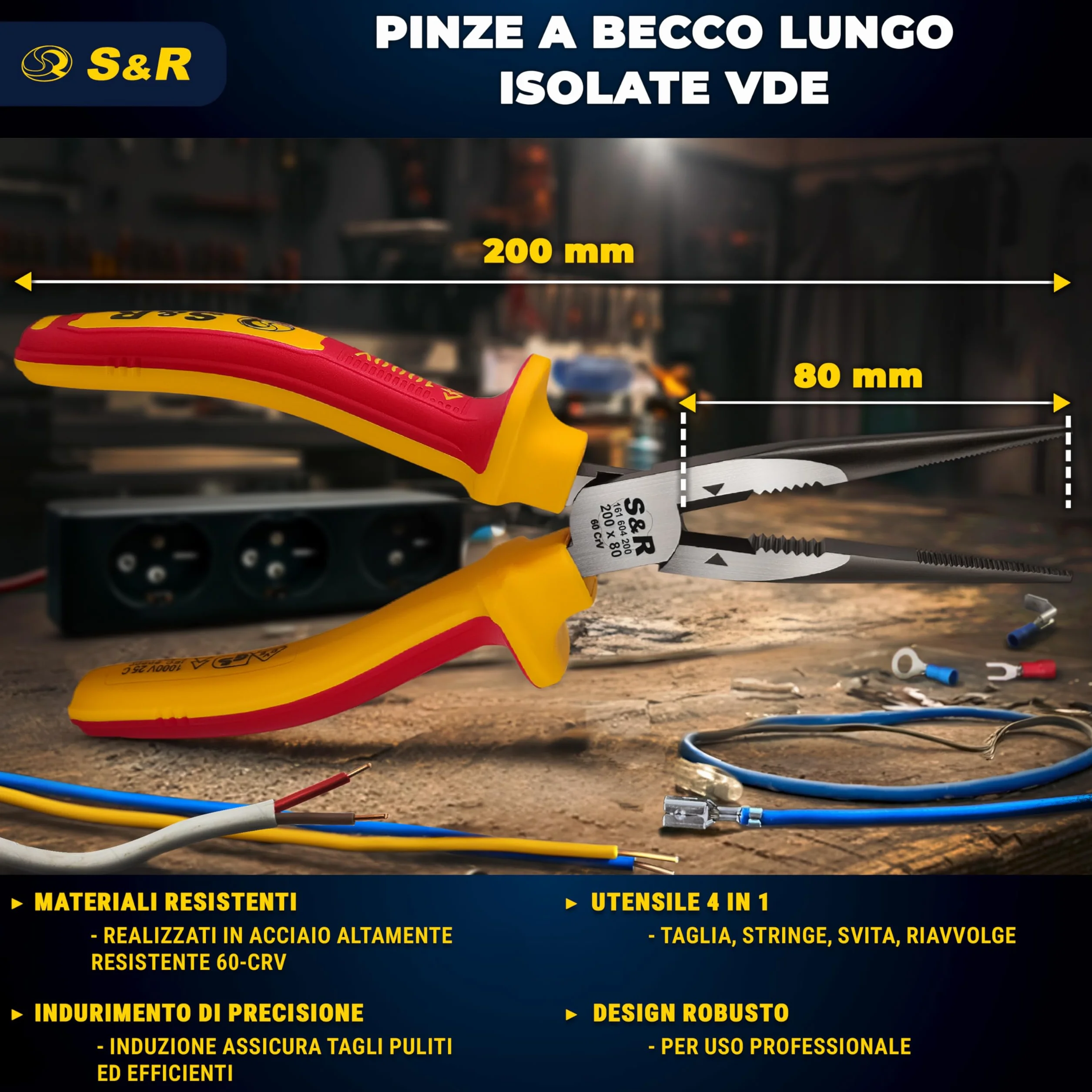 S&R Pinze a becco lungo VDE acciaio al cromo-vanadio fosfatato