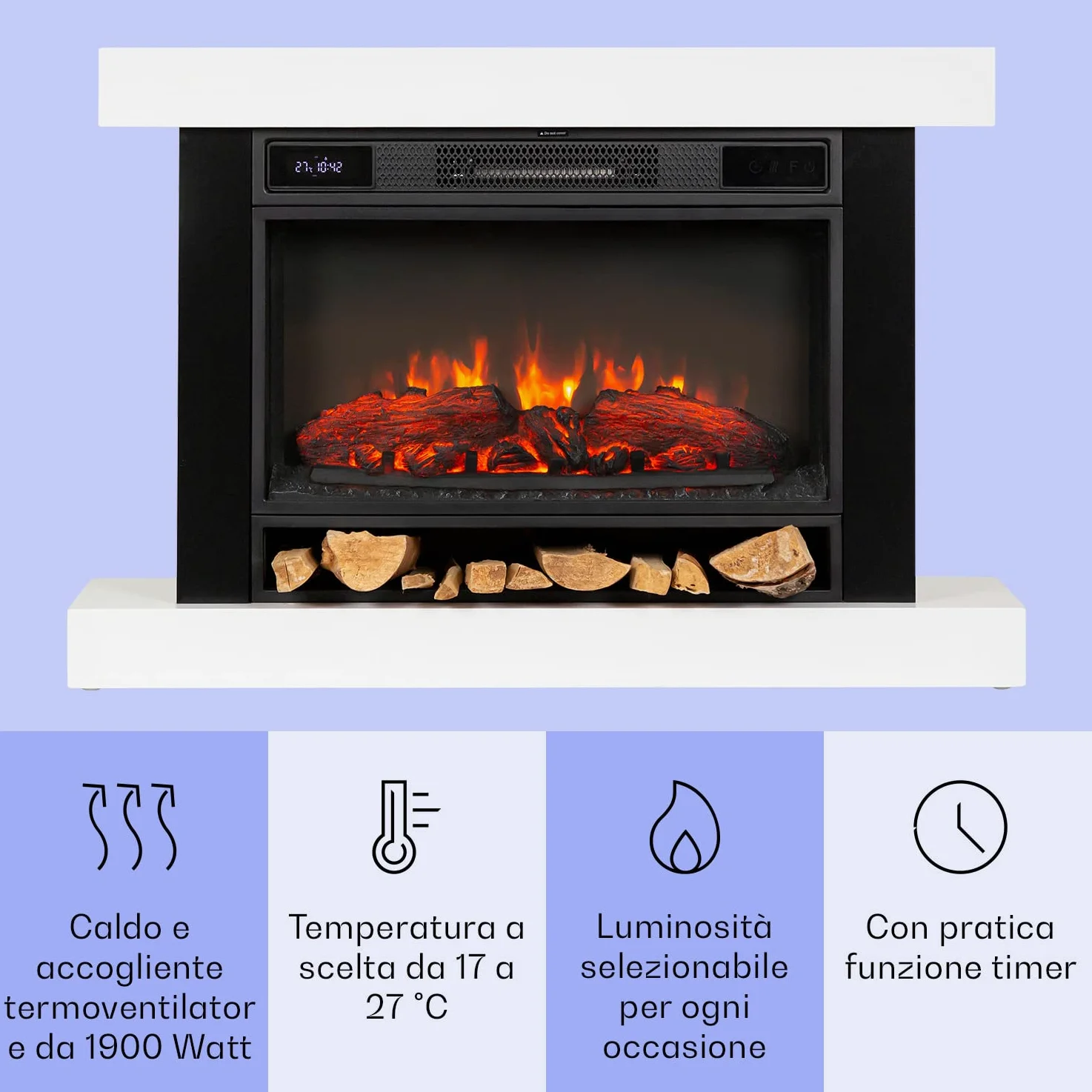 Klarstein Camino Elettrico Basso Consumo, con Mensola, da Parete, Caminetto Finto da Terra, 1900W, Decorativo con LED, Telecomando, Timer, Controllo Temperatura