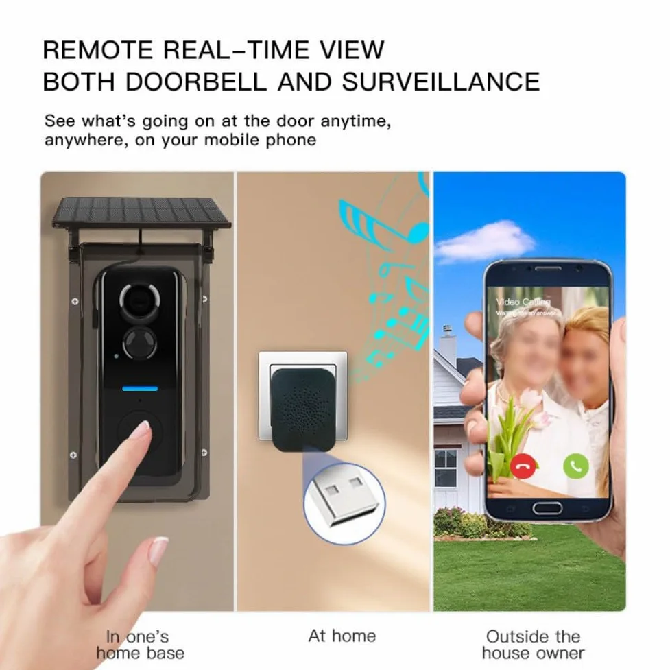 Whychstore Videocitofono wireless con copertura a energia solare, videocitofono 1080P con visione notturna e rilevamento del movimento PIR, IP65 impermeabile Smart Home Security per Tuya