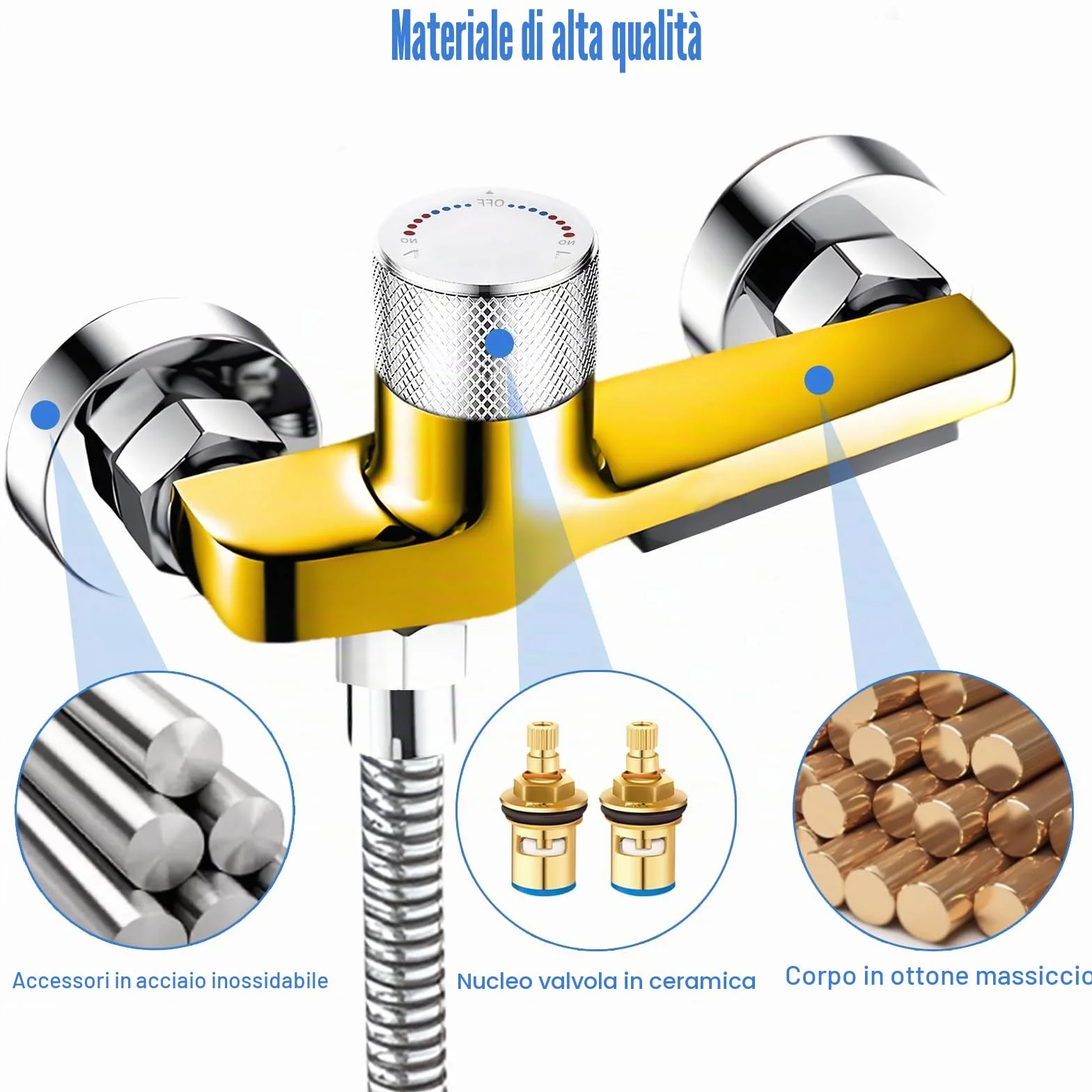 Rubinetto Vasca Doccia Termostatico a Parete, Bocca a Cascata, Corpo in Ottone Cromato, G1/2