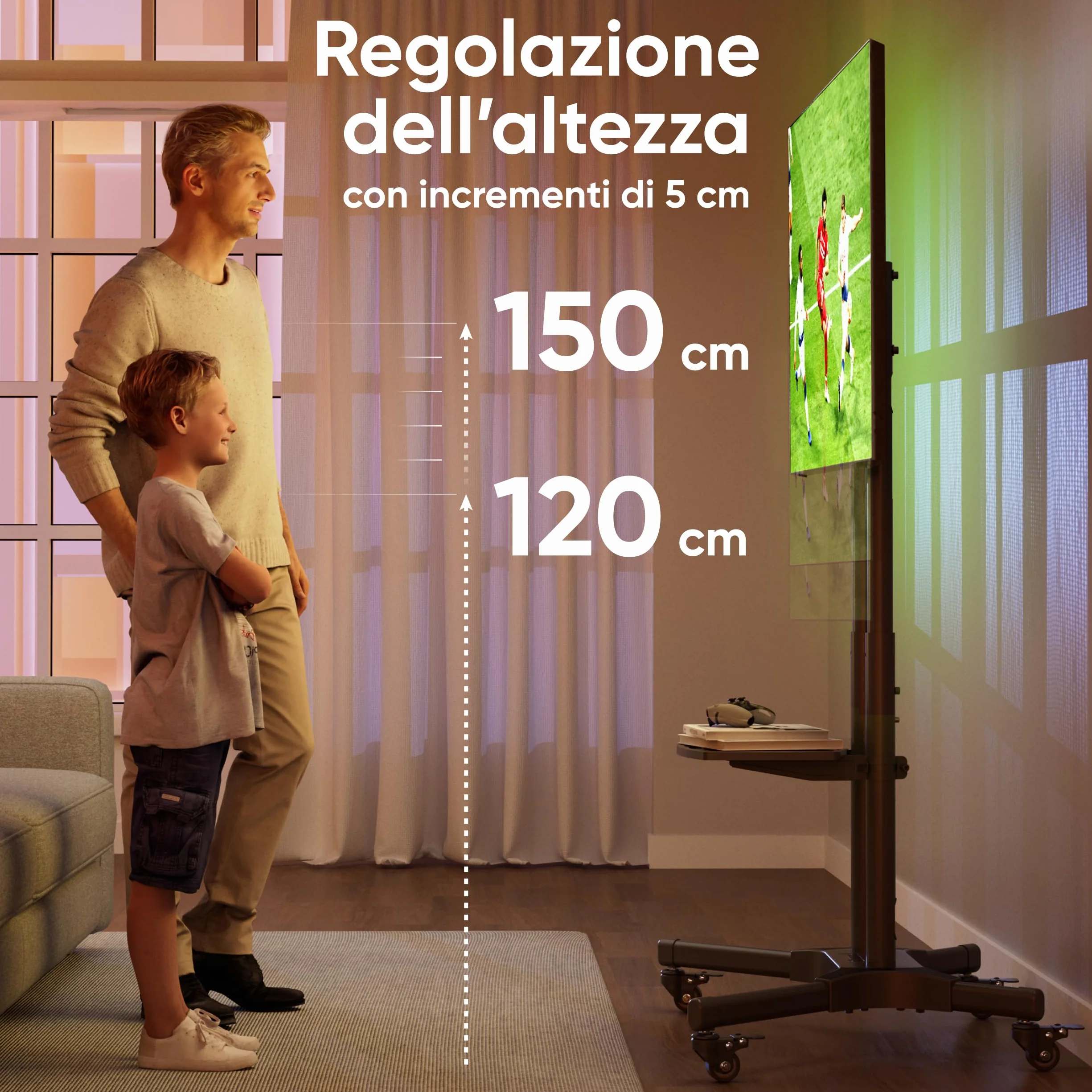 ONKRON Supporto TV da Pavimento 32" - 65", Carico max 50 kg, Porta televisore mobile VESA 100x100-600x400, Carrello TV con Ruote e Ripiano, Piedistallo da Terra, Altezza regolabile, Nero, TS1351-B