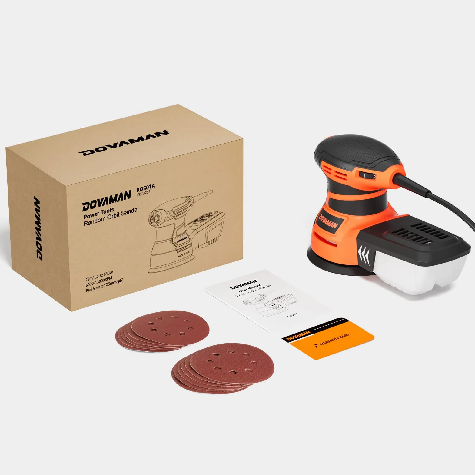 DOVAMAN ROS01A Levigatrice Orbitale,350W, 6 Velocità Variabili, 13000 RPM, 12 Fogli Abrasivi, Disco da 125mm, Raccolta della Polvere, Levigatrice Elettrica per Superfici in Legno e Acciaio