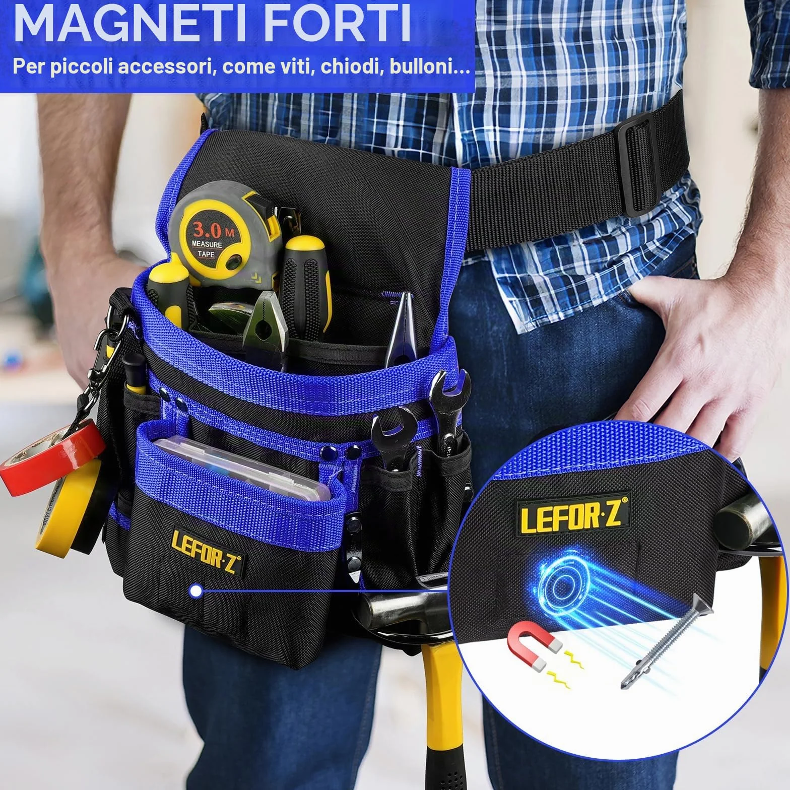 Cintura Porta Attrezzi Magnetica 14 Tasche Regolabile Staccabile Elettricista Falegname Edilizia Nero-Blu