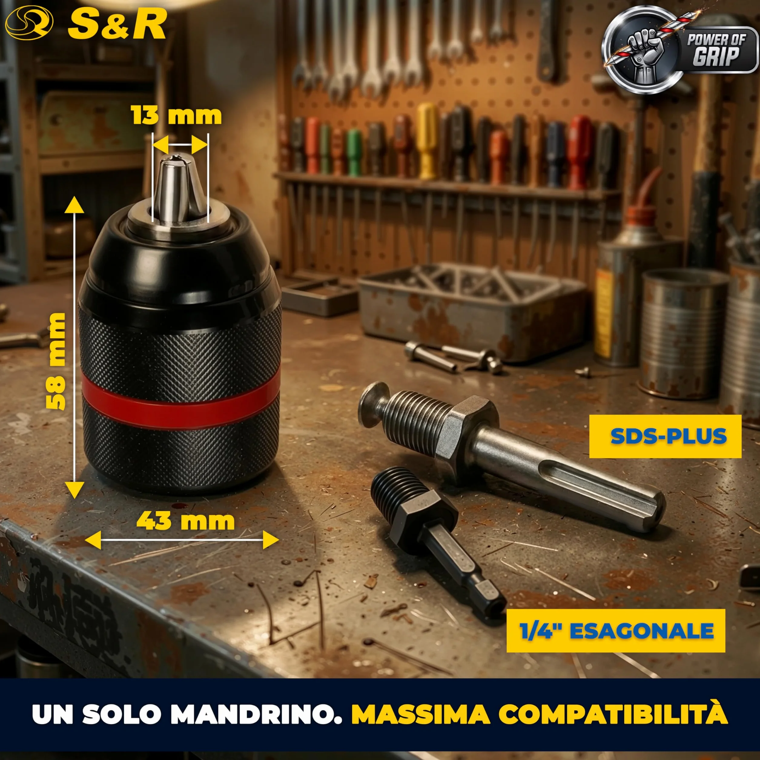 S&R Mandrino Trapano Autoserrante SDS-Plus 1.5-13 mm 1/2"-20UNF M12 Adattatore 1/4" Esagonale