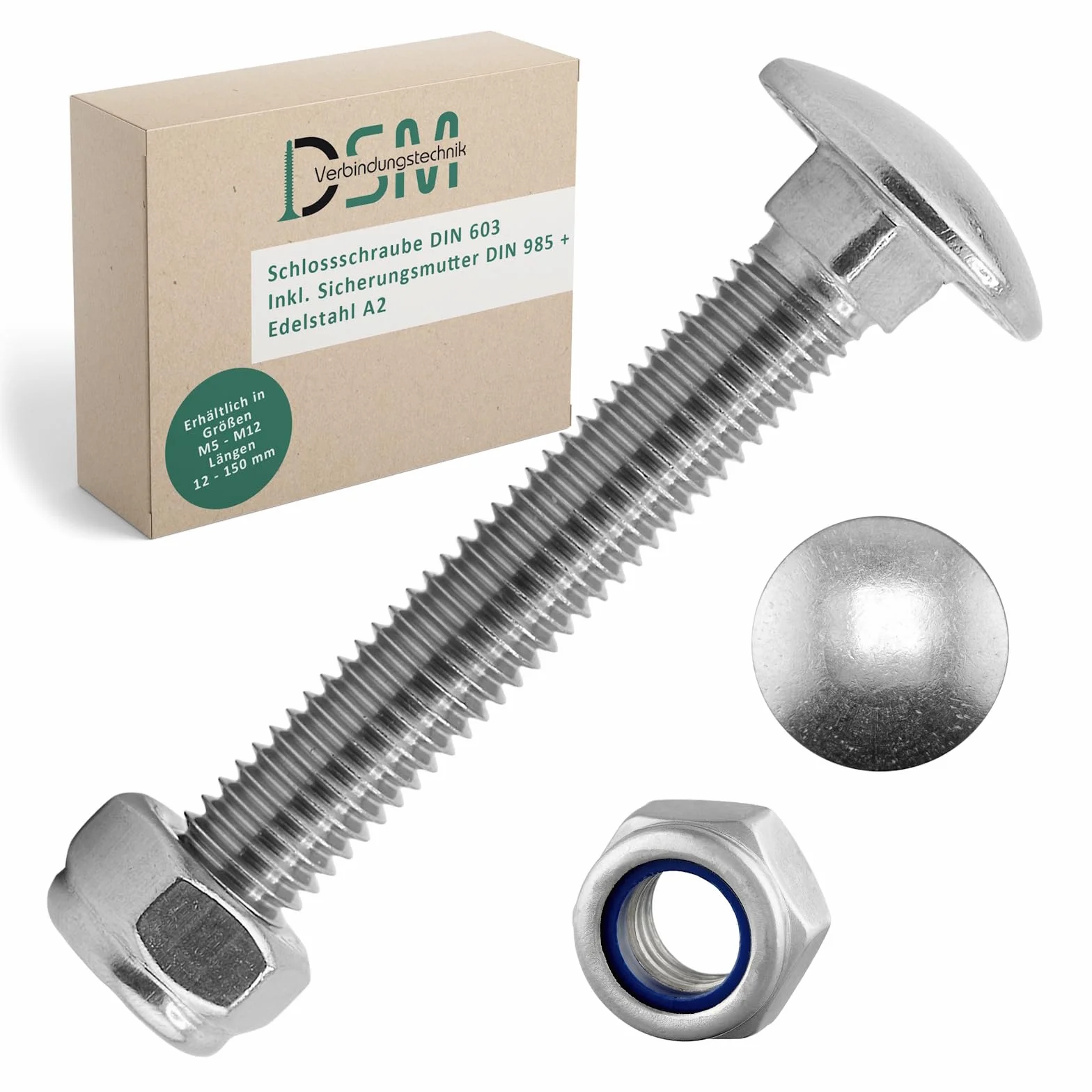 Viti a testa tonda M12 x 60 mm DIN 603 Dado di sicurezza M12 DIN 985 Acciaio inox A2/V2A 10 pezzi