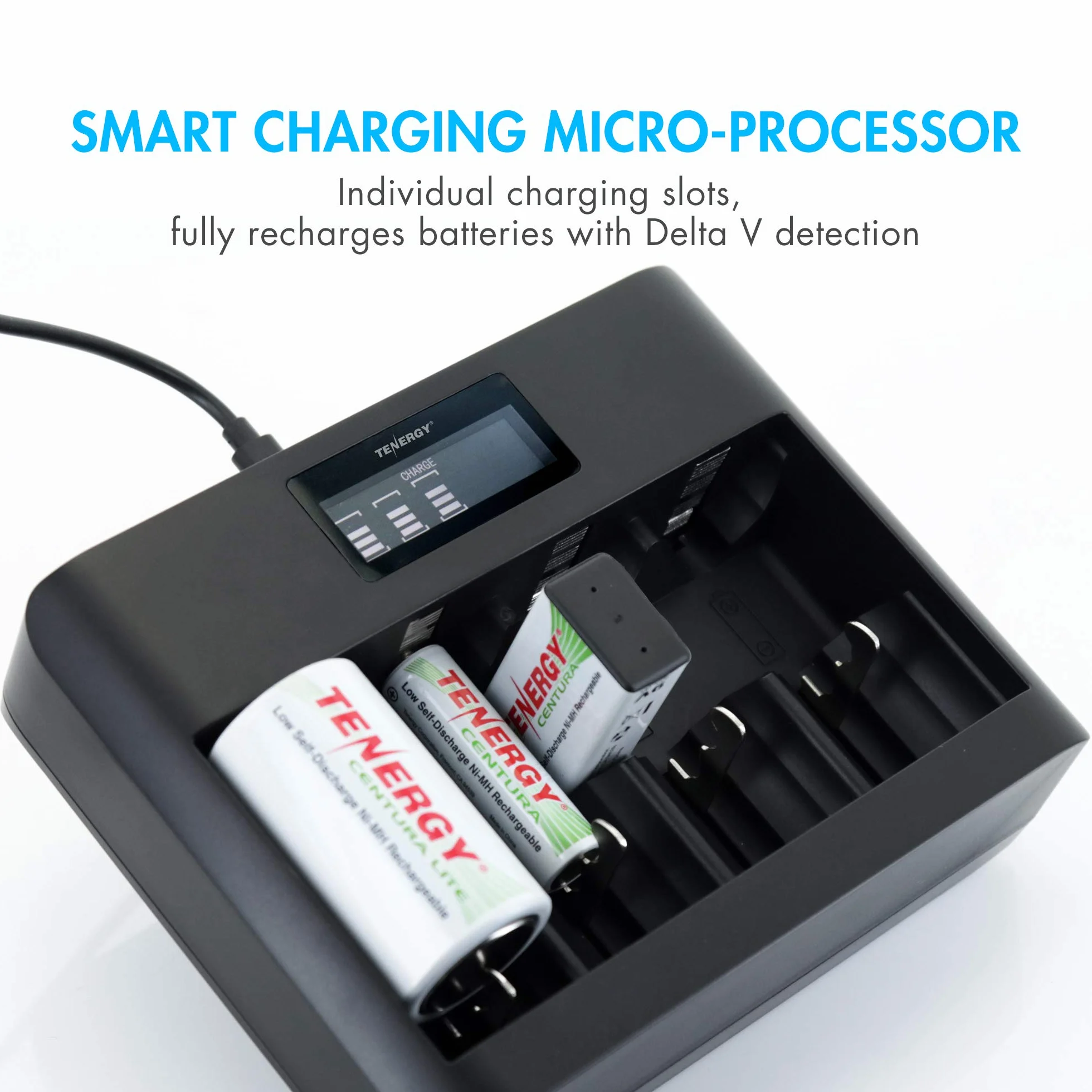 Tenergy Confezione da 4 batterie Centura Lite D Size e caricabatterie universale TN486U a 5 alloggiamenti con LCD, ingresso micro USB/tipo C
