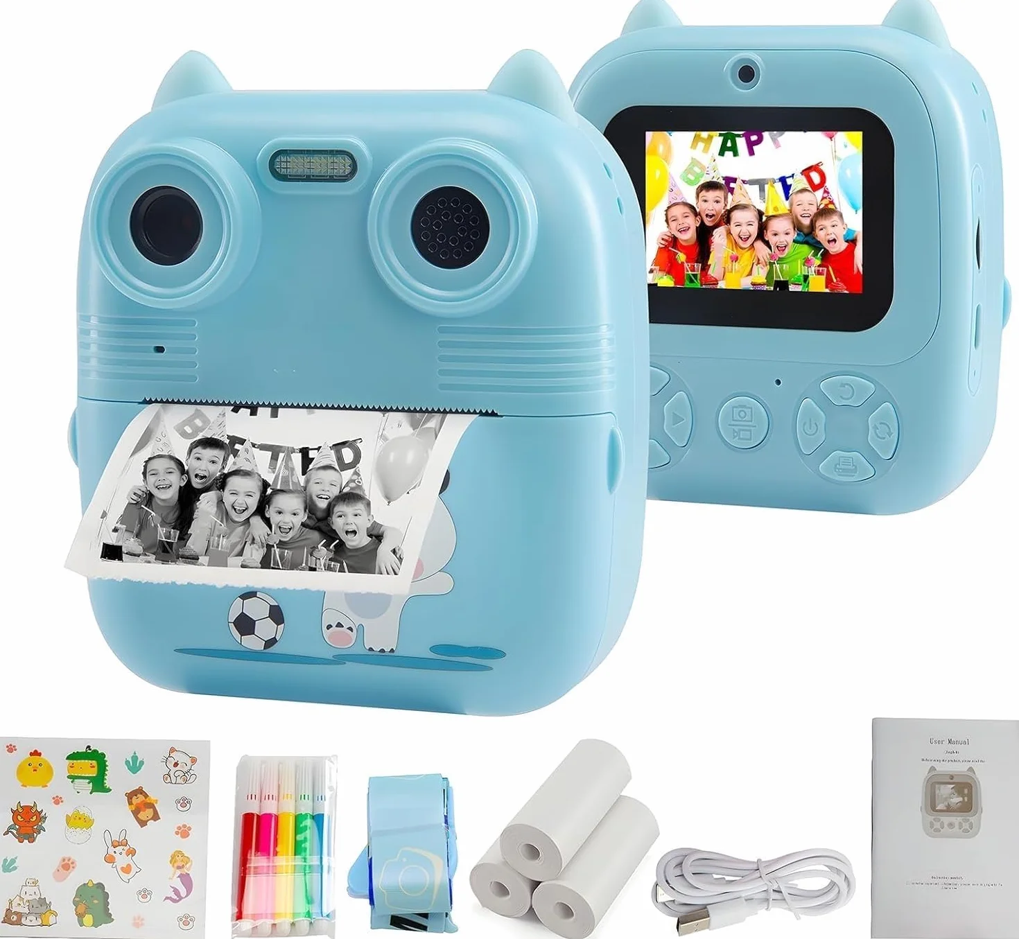 Macchina Fotografica Bambini Istantanea 2.4 Pollici/1080P,32GB Memoria,Slot Espansione Micro SD,3 rotoli di carta da stampa, un regalo perfetto per i tuoi bambini (Blu)
