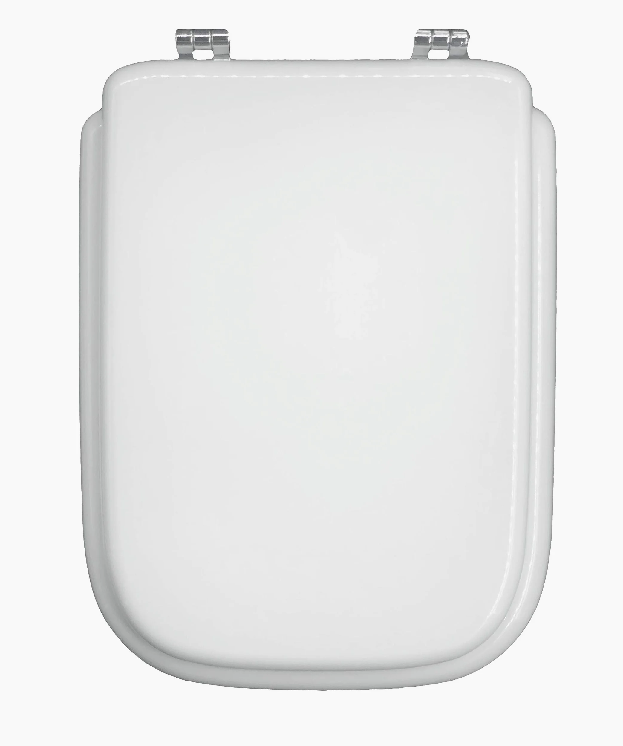 Sì Copriwater in poliestere con anima in legno, serie Conca della Ideal Standard, Bianco Europeo con cerniere in metallo cromato.