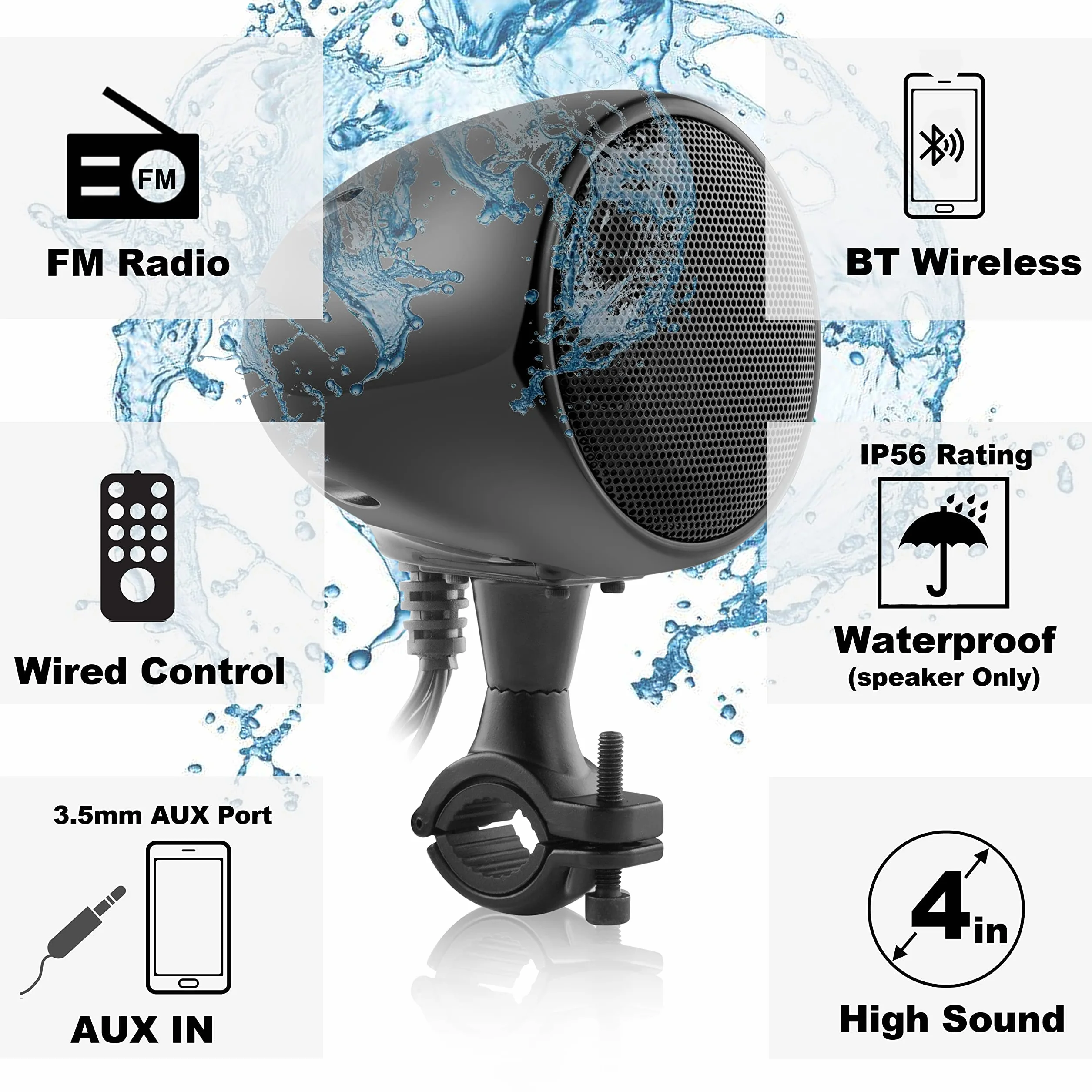 iMESTOU Amplificatore per Moto con AUX, MP3, Radio FM, 4 Pollici Full Range Impermeabile Bluetooth Altoparlanti Stereo Adatto per Manubrio Moto ATV UTV RZR