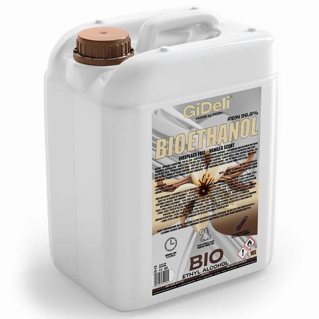 GiDeli Bioetanolo 10 l profumo di vaniglia 96,6% etanolo per camini interni ed esterni, senza fumo e fuliggine, da mais e barbabietola da zucchero