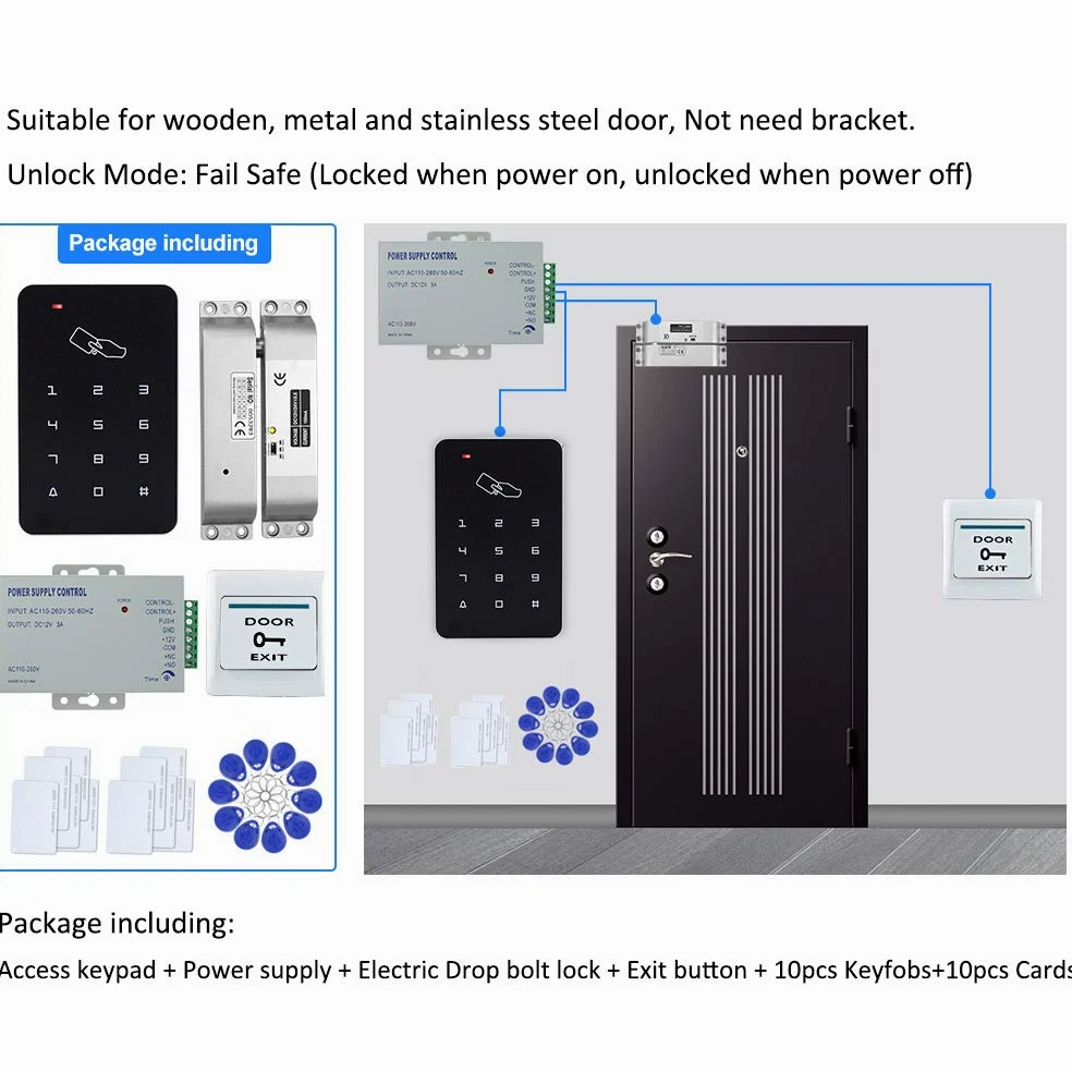FTSTech Kit di Controllo Accessi per Porta Singola Completo a 125KHz Apriporta Autonomo Serratura a Catenaccio Elettrico Pulsante di Uscita RFID Carte Bianche