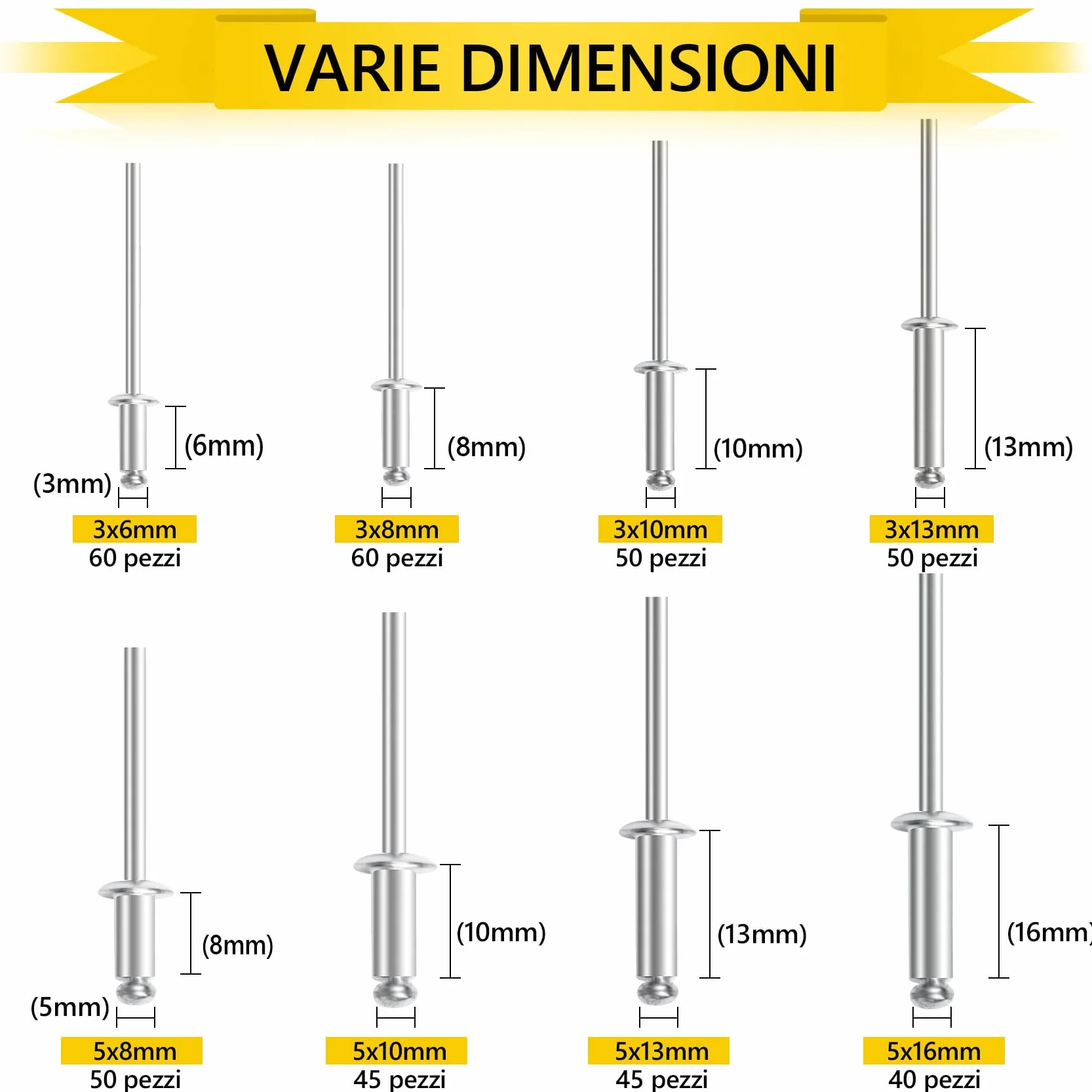 Kit Rivetti Alluminio 400 Pezzi, Pop Rivetti Ciechi 8 Misure per Metallo Plastica Legno