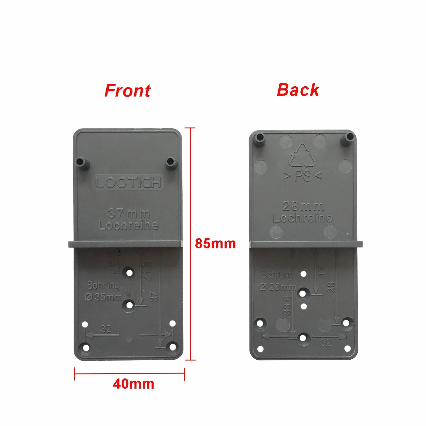 Maschera di Perforazione 32er Dima di Centraggio Ø 26mm e 35mm per Tazza Cerniera 2PCS Grigio