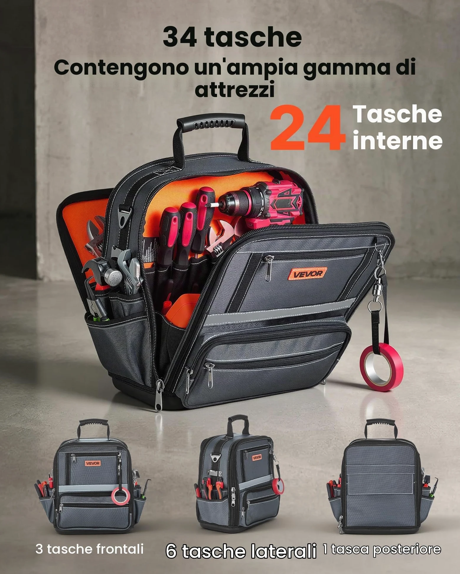 VEVOR Borsa Portautensili 335mm, 34 Tasche, Organizer Portatile per Attrezzi con Base Rigida in Plastica, Ampia Apertura a Cerniera, Tracolla Regolabile, Resistente all'Acqua, per Fai da Te e Cantiere