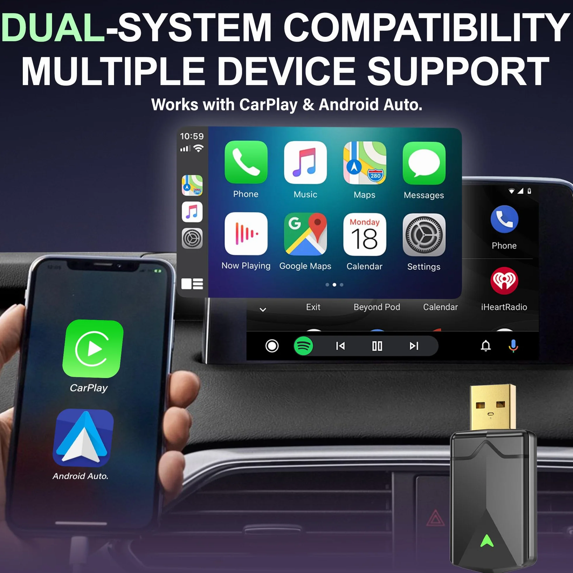 Adattatore CarPlay Wireless – Adattatore Android Auto Wireless, Wi-Fi 5,8GHz Plug & Play, Mini e Stabile, iOS 10+/Android 10+, Connessione Automatica Rapida per Auto dal 2016 in poi (11 Pezzi)