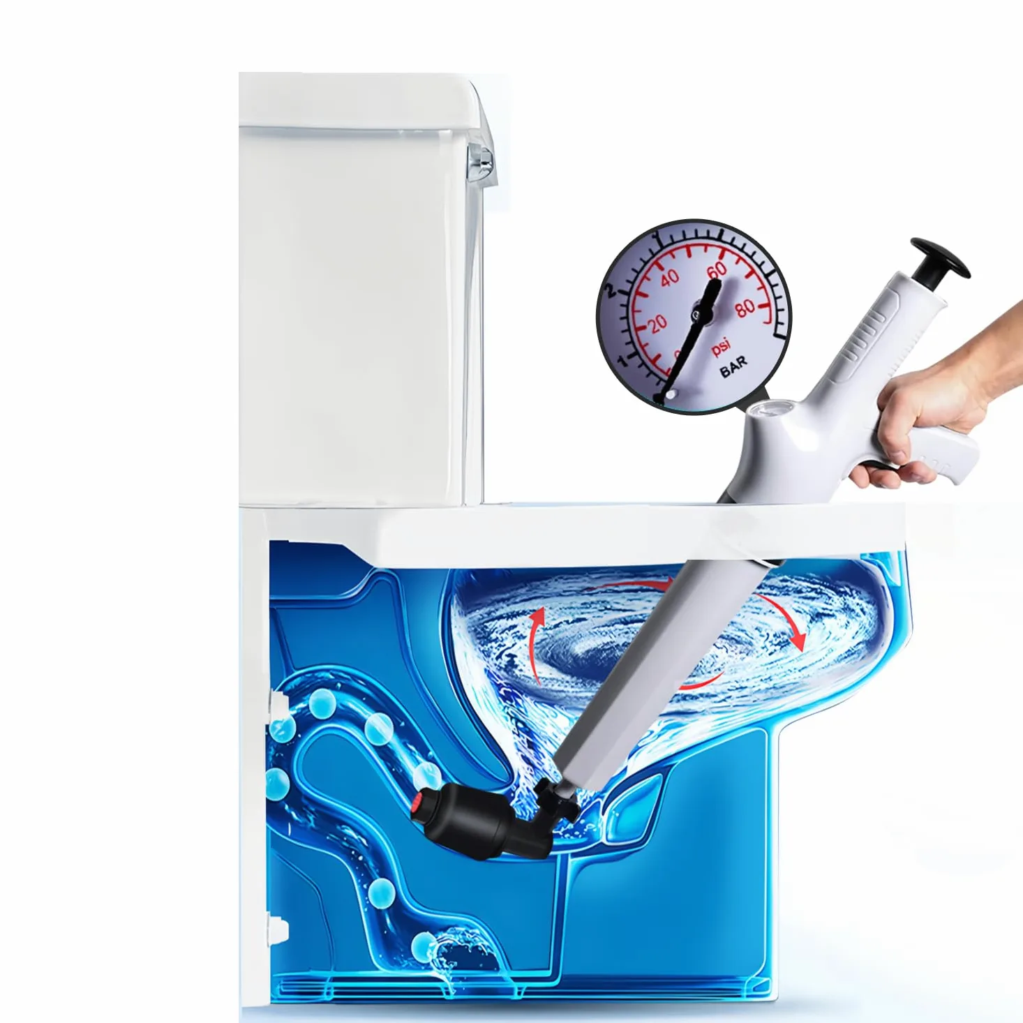 Pompa Stura Scarichi a Pressione con Barometro, Stantuffo per WC ad Aria Compressa, Pistone per WC con 4 Teste di Pistone, per Sbloccare WC, Lavandino, Bianco, Scarico a Pavimento