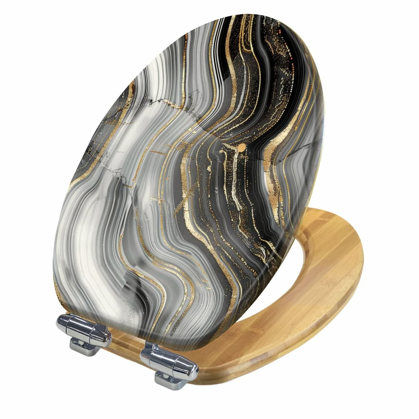 Copriwater decorativo allungato in legno con chiusura ammortizzata e sgancio rapido, motivo astratto in pietra, agata, venature dorate e marmorizzazione, facile da installare.