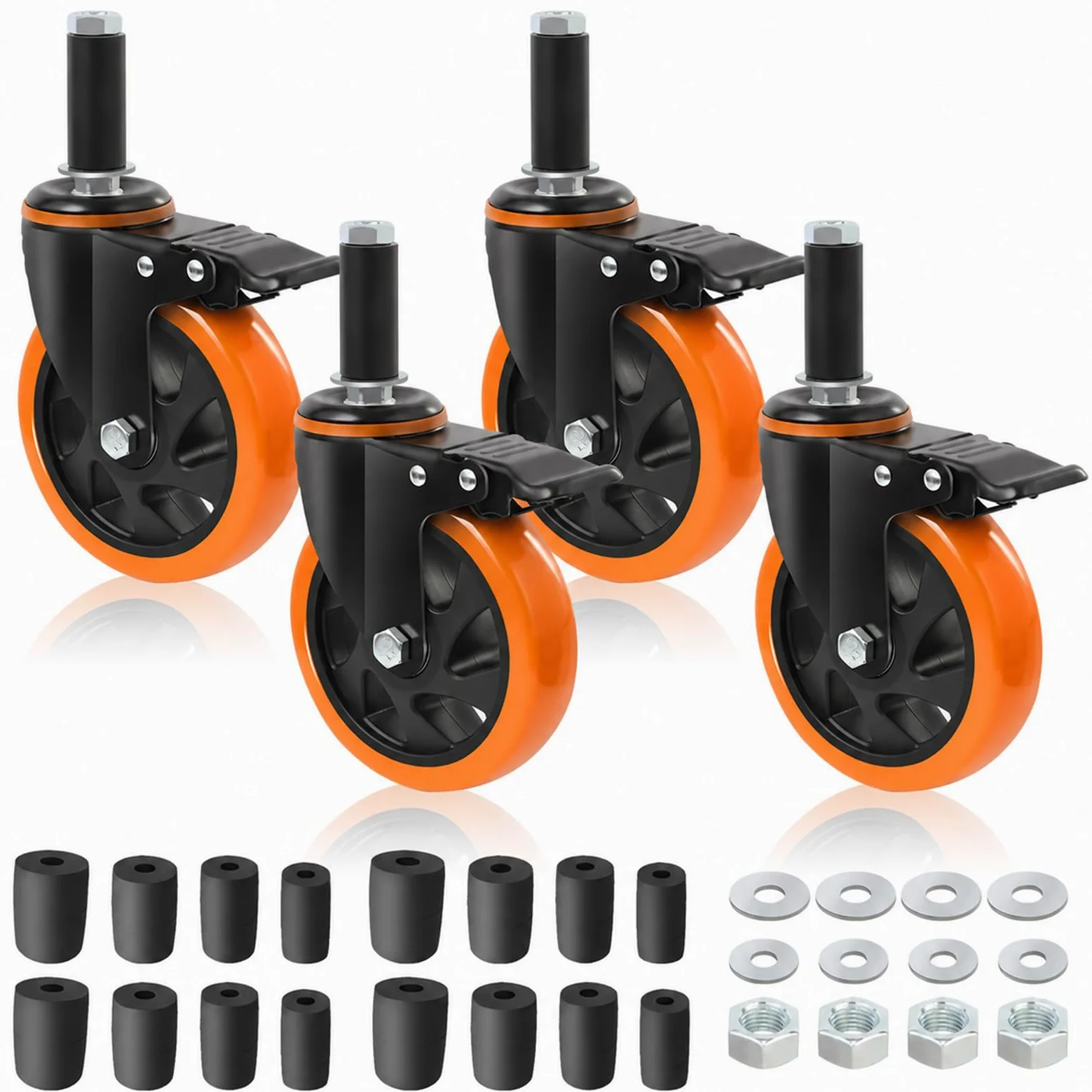 125mm Dilatabile Perno ruote per carrelli set da 4 con Freno Arancione, per carichi pesanti 700KG Totale capacità di carico, Si adatta 23mm/28mm/34mm/40mm Tuba Gamba, ideale per Prep Tables, Carrell