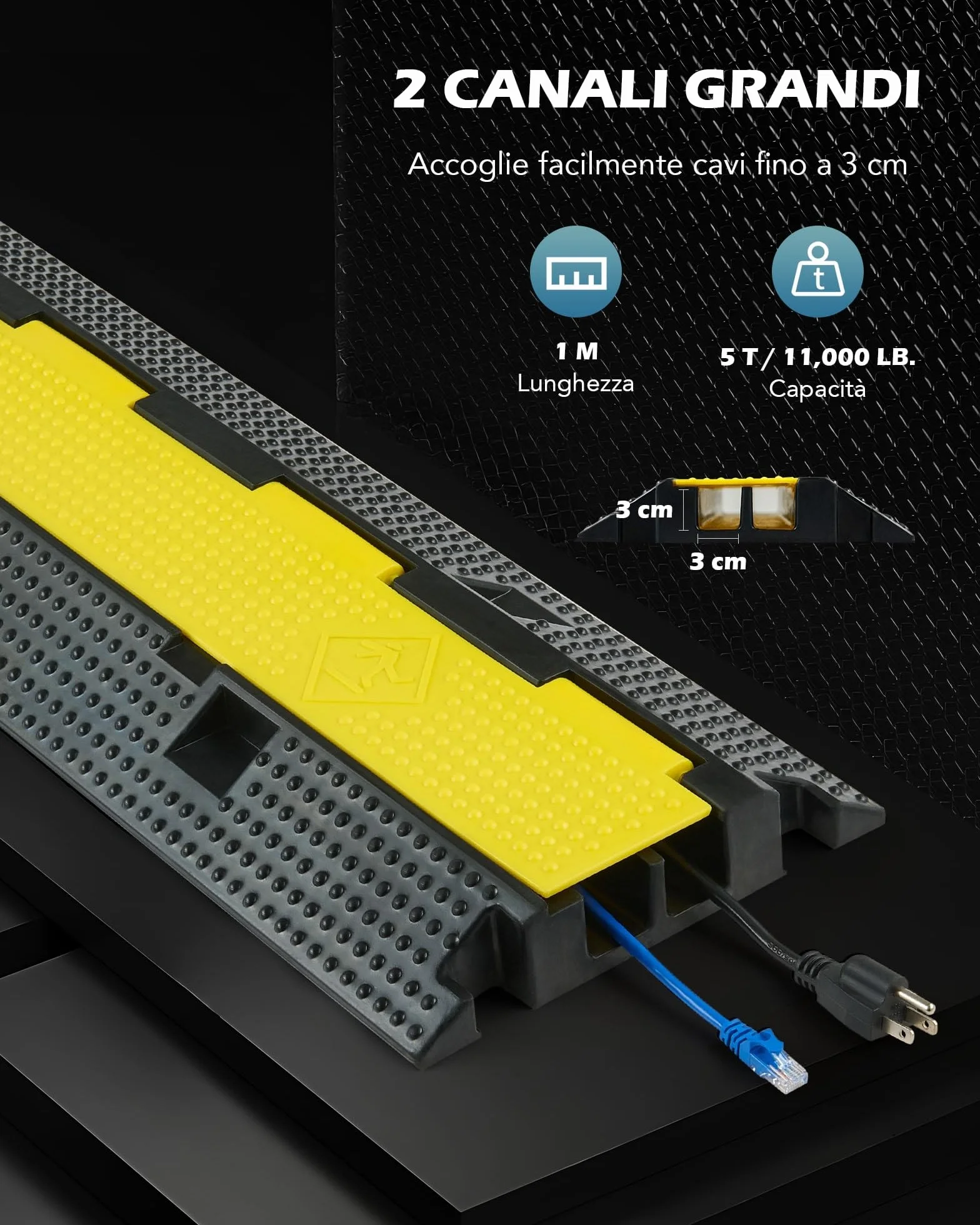 CREWORKS Passacavo a Pavimento in Gomma 3 Pezzi 2 Canali Capacità 5T Modulare Antiscivolo
