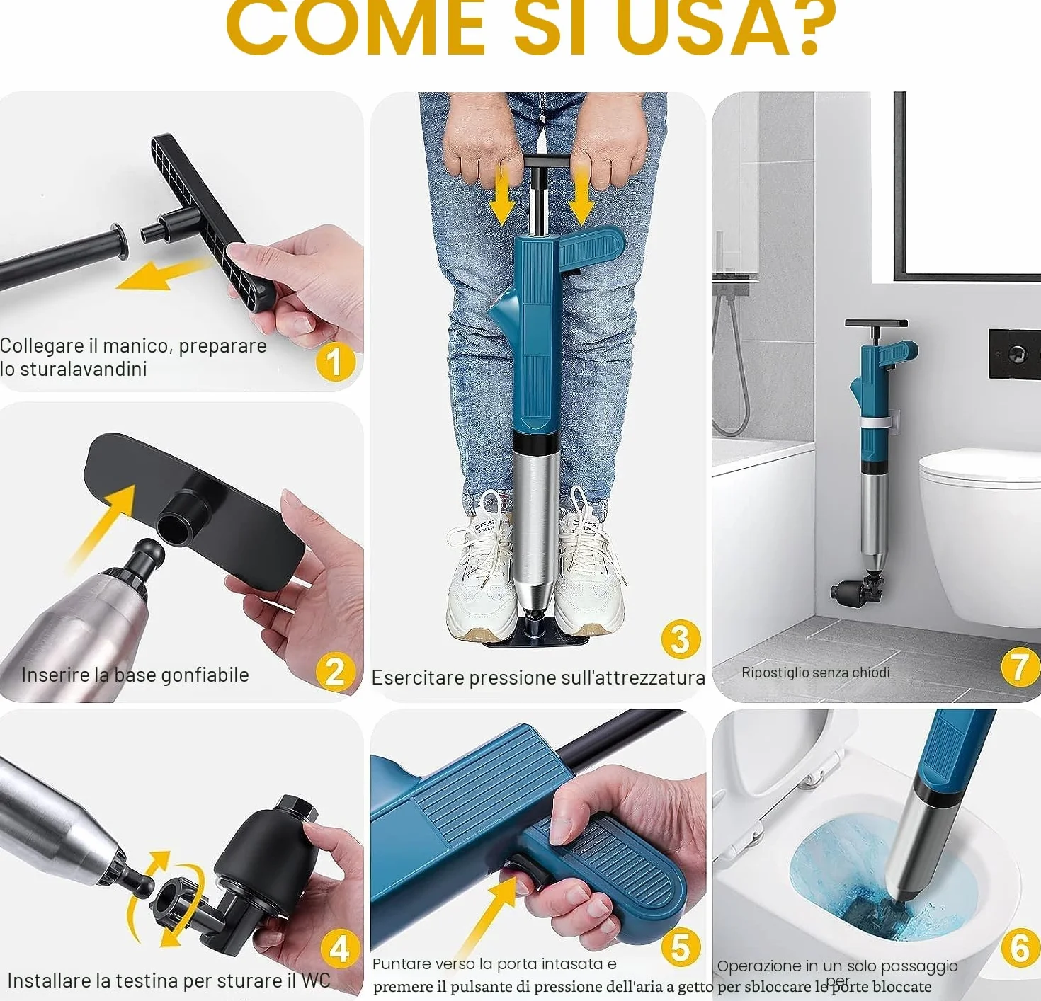 Pompa Stura WC A Pressione Stantuffo per WC Sblocco Lavandino Cucina Bagno Bidet (Blu)