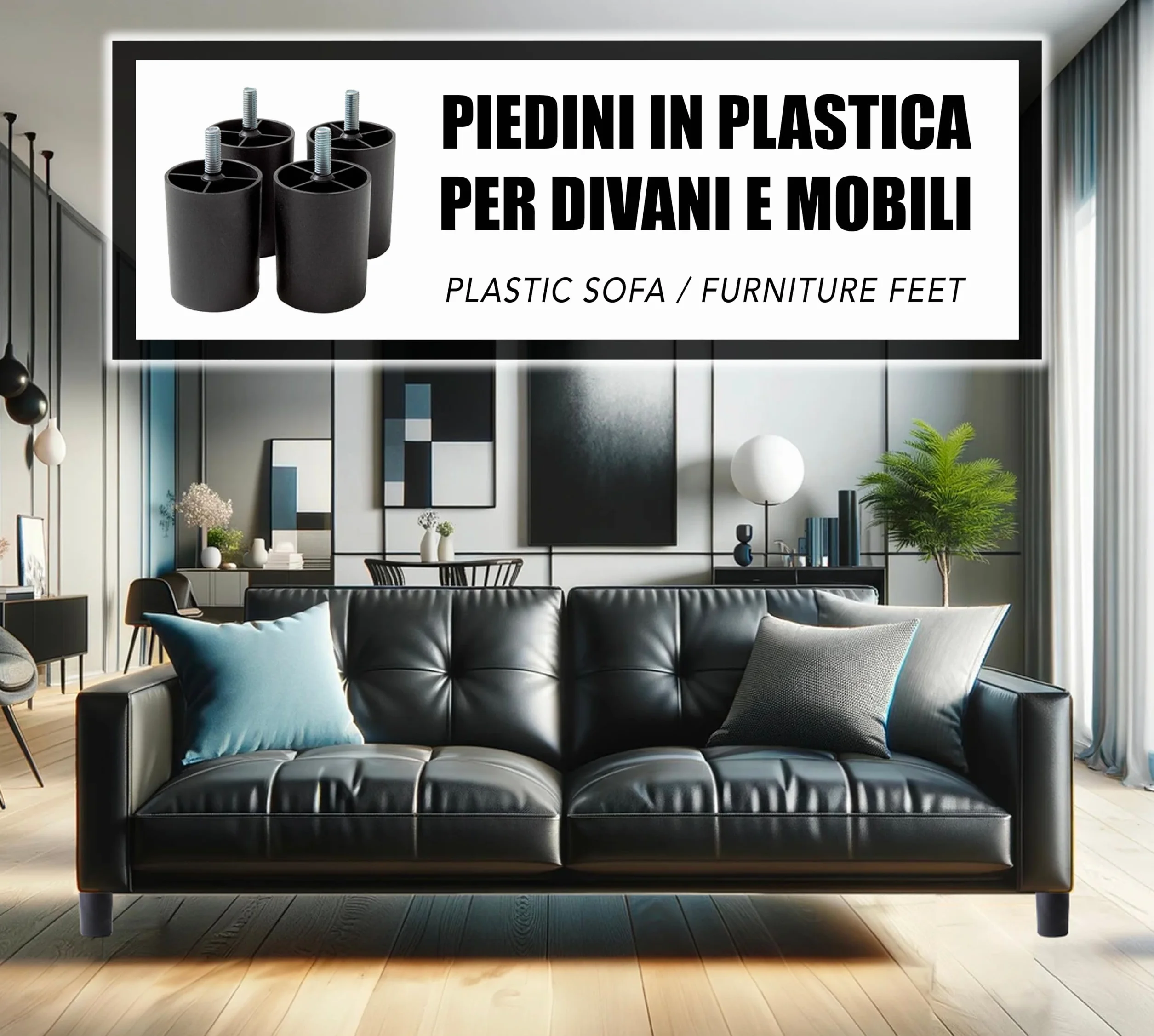 IPEA Set di 4 Piedini in Plastica Nera per Divani e Mobili 80 mm