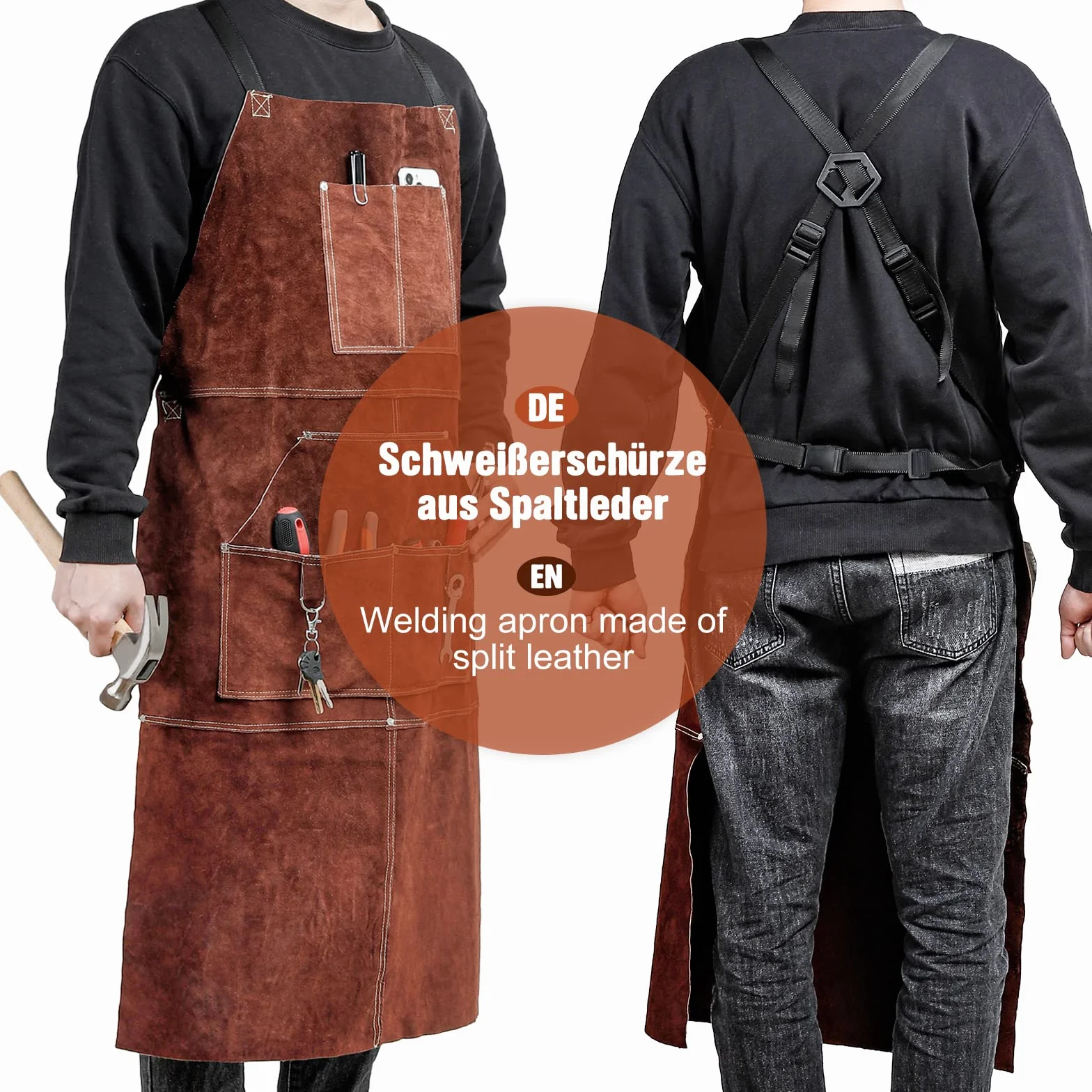 Yorbay Grembiule da Saldatura in Pelle con 5 Tasche e Spalline Regolabili, Resistente al Calore Ritardante di Fiamma Grembiuli per Utensili, per Fabbro, Falegname