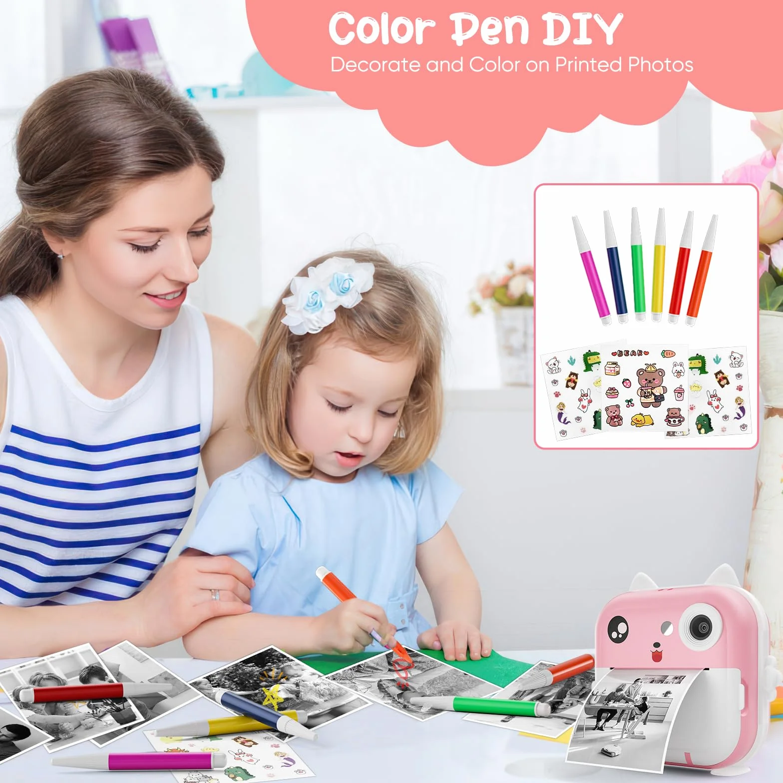 Macchina Fotografica Bambini Istantanea, Potuem 2.4 Pollici Digitale Fotocamera Bambini con 32GB Scheda TF, 6 Penne Colorate, 24MP/1080P Fotocamera Istantanea per Bambini, Regalo di Compleanno