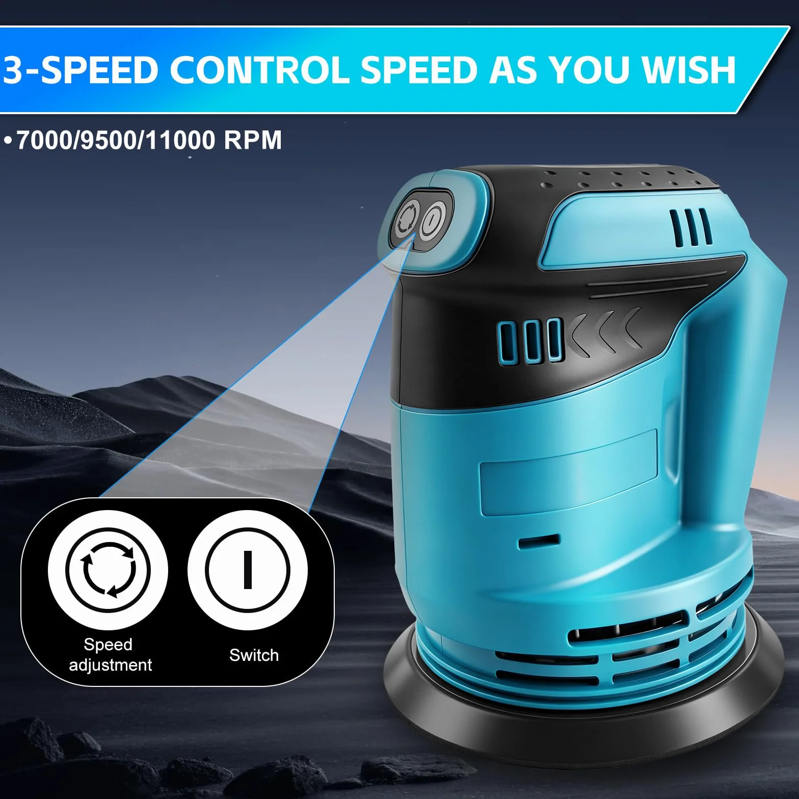 Levigatrice eccentrica per batteria Makita 18V, levigatrice a batteria da 125 mm, 3 velocità con contenitore per la raccolta della polvere e 20 fogli abrasivi (batterie non incluse)